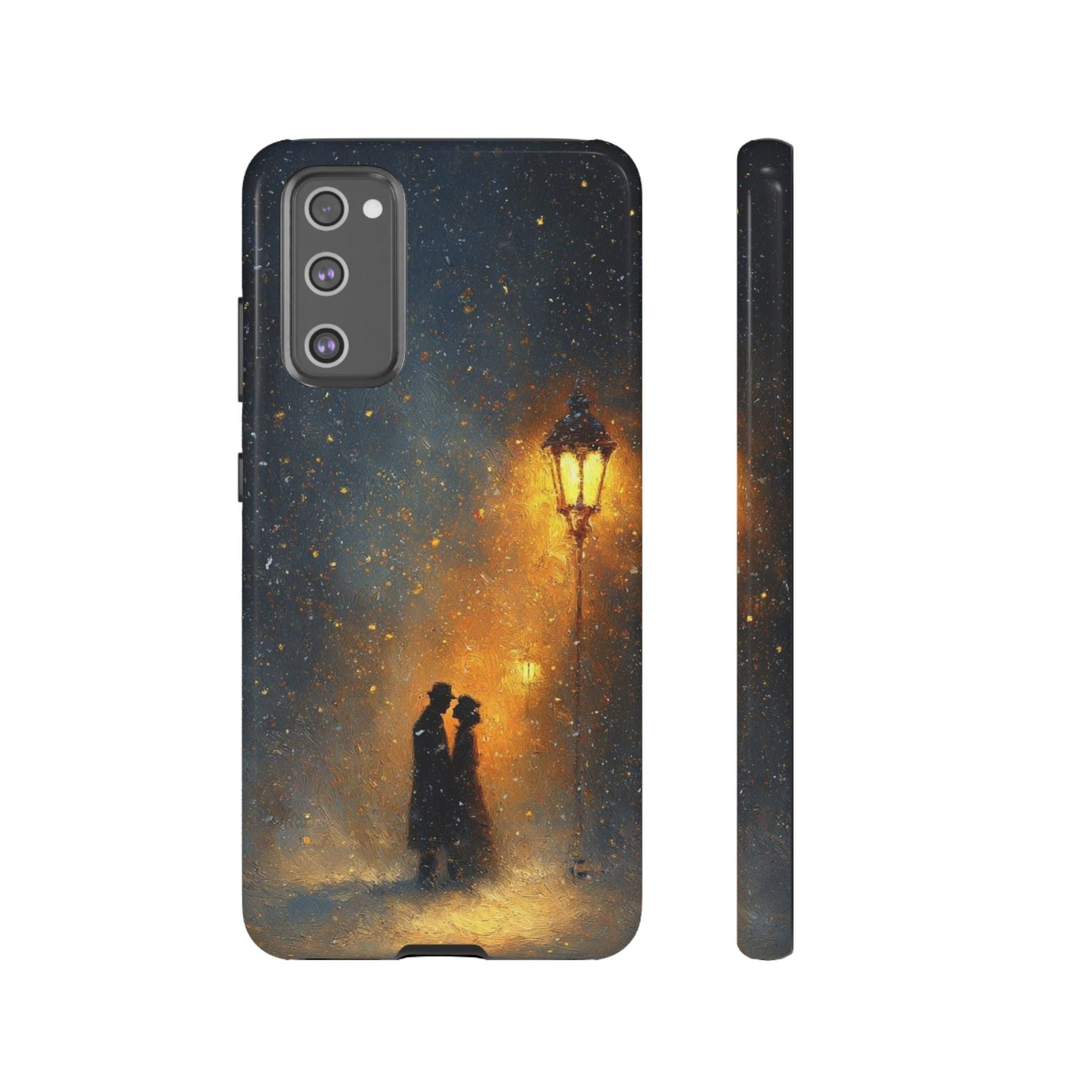 Romantic Snowy Street Phone Case — Vintage Couple Under Lamplight🌓🌙