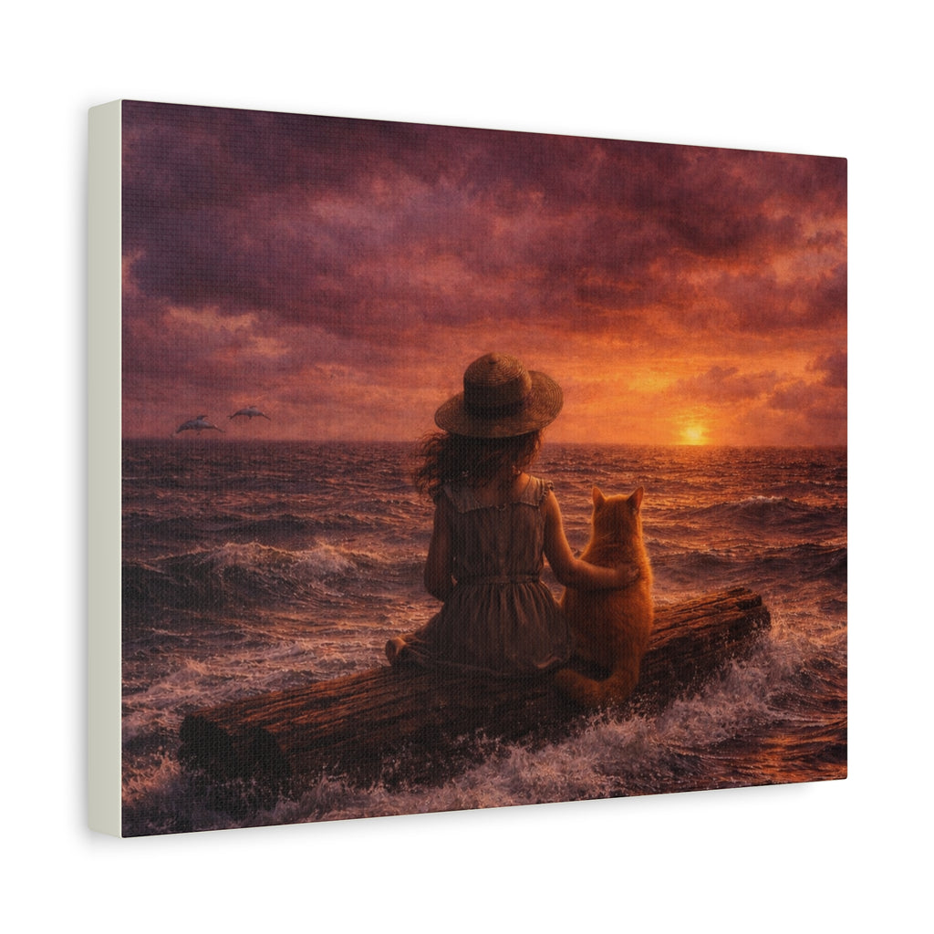 Quiet Companionship at Sunset – Girl & Cat Canvas Wall Art (Matte Stretched) 🌅