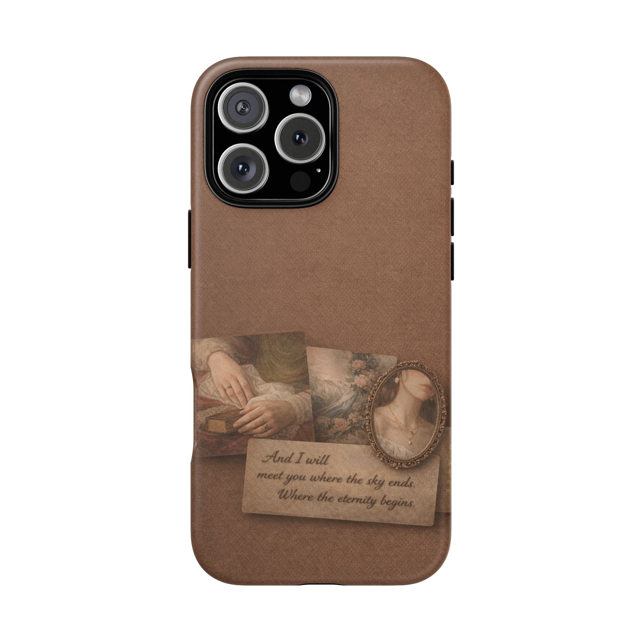Vintage Brown Phone Case with Romantic Collage — "And I saw you where the sky ends"🌙