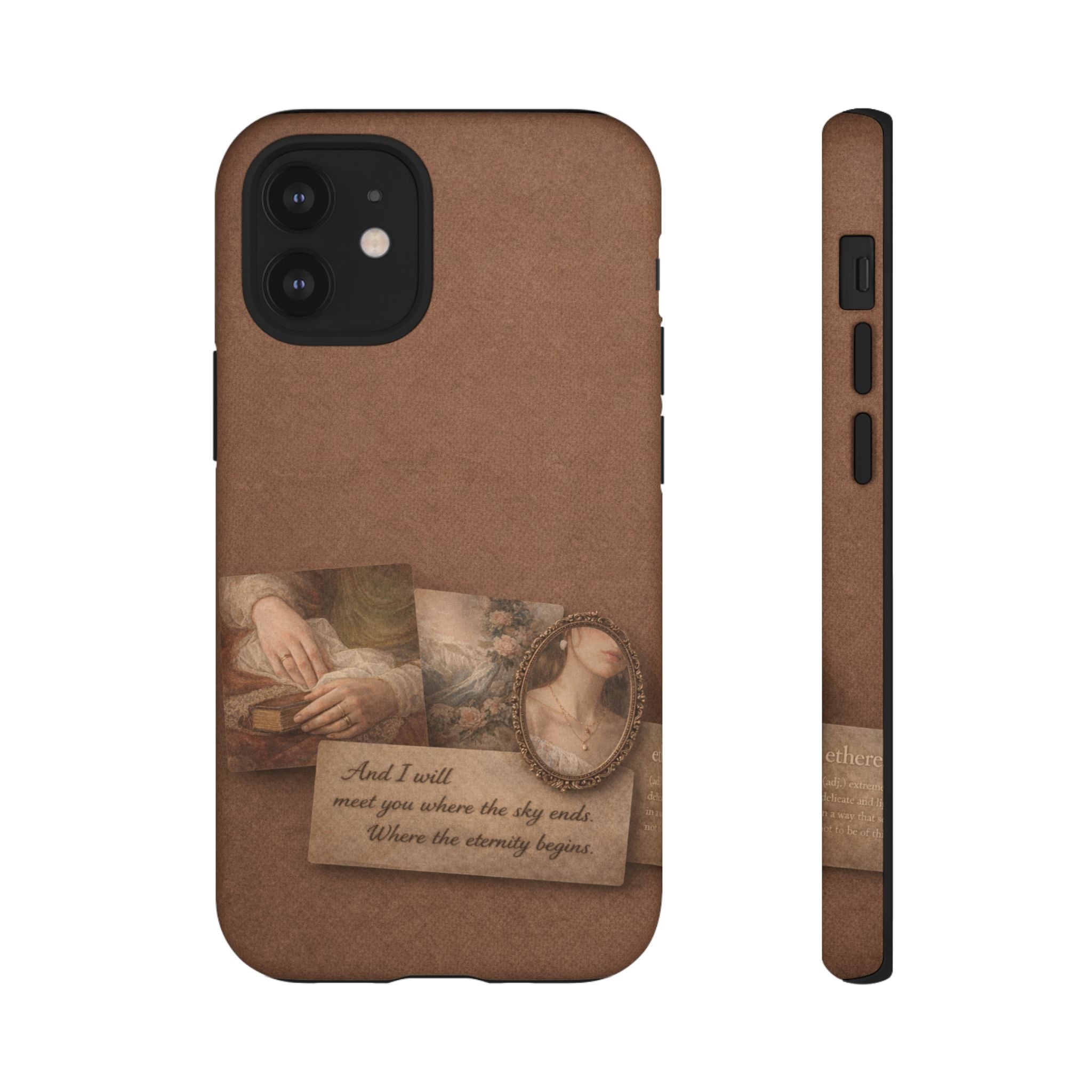 Vintage Brown Phone Case with Romantic Collage — "And I saw you where the sky ends"🌙