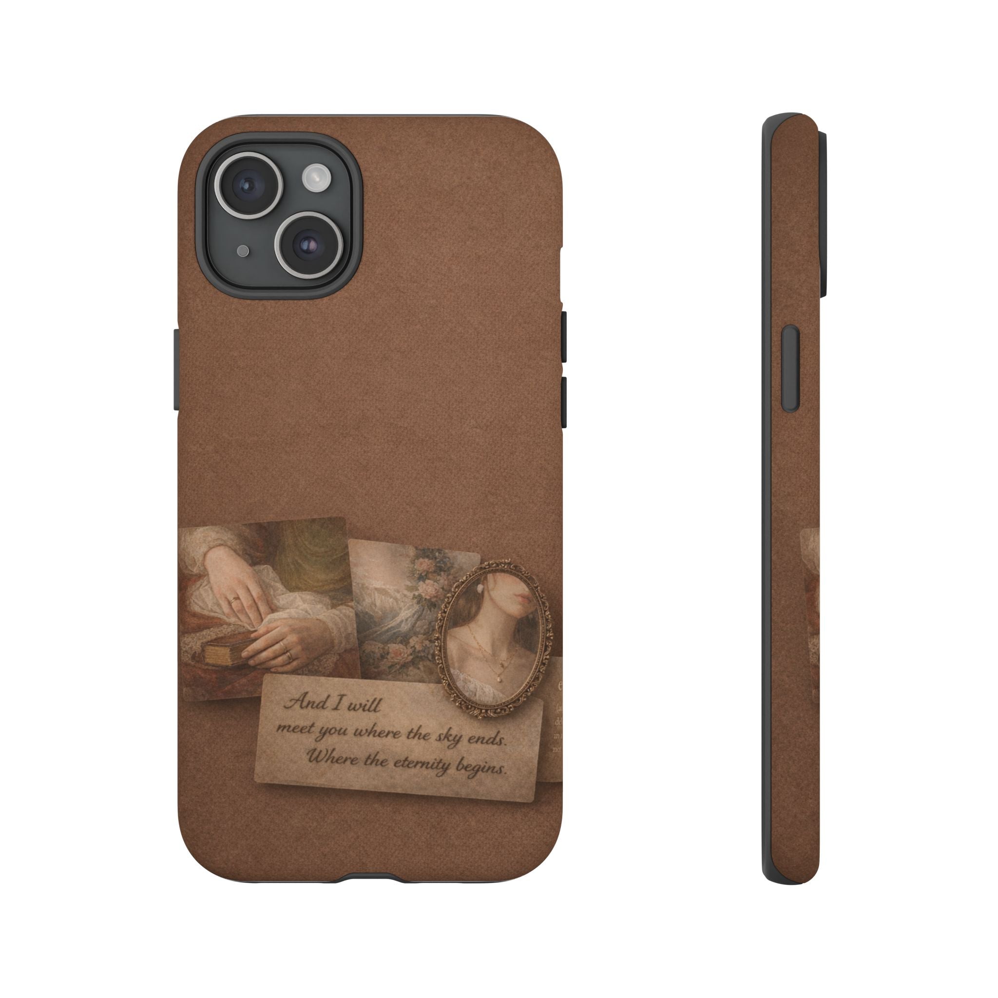 Vintage Brown Phone Case with Romantic Collage — "And I saw you where the sky ends"🌙