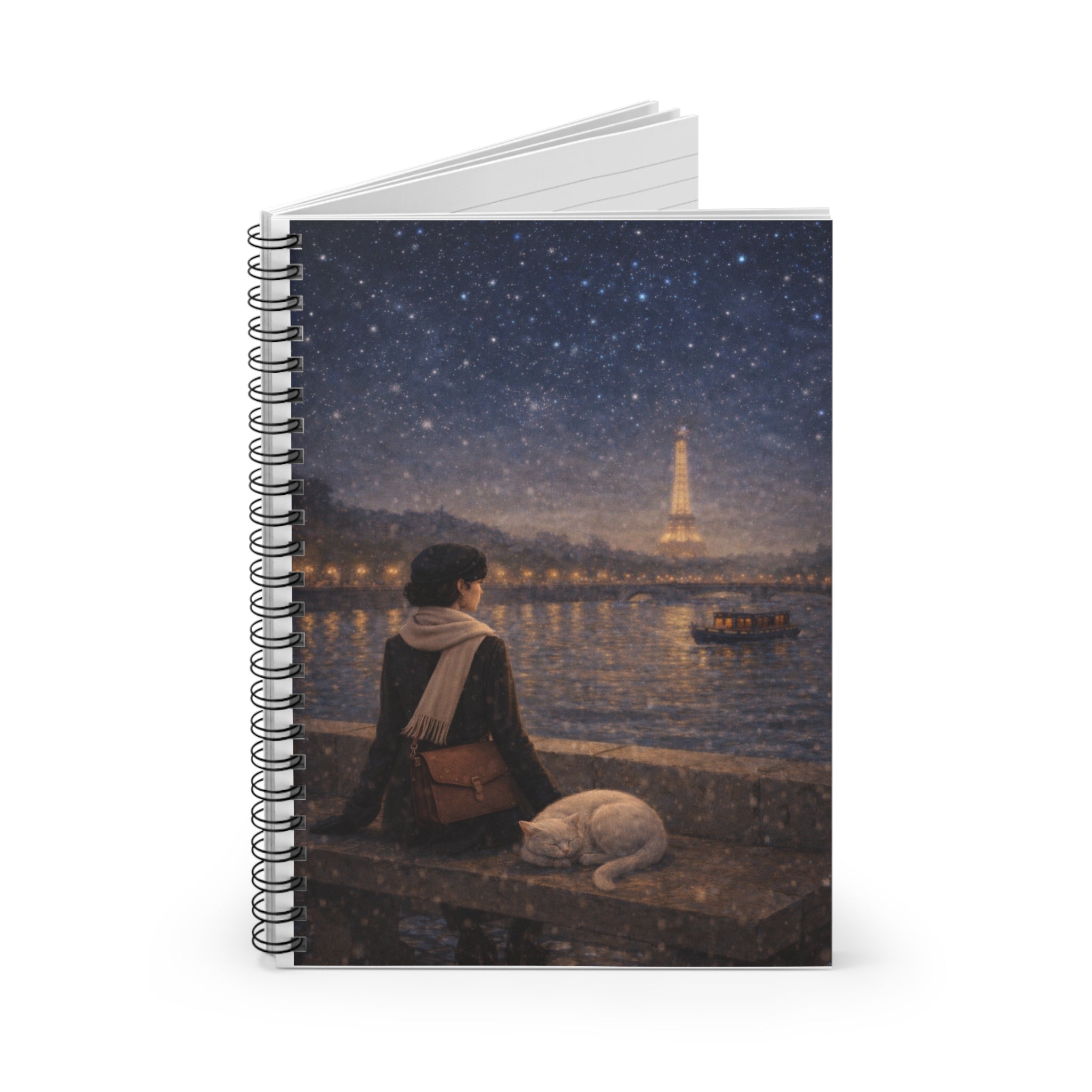 Paris Night Reverie Notebook — Vintage Woman & Cat | Old Money Parisian Journal (Spiral)