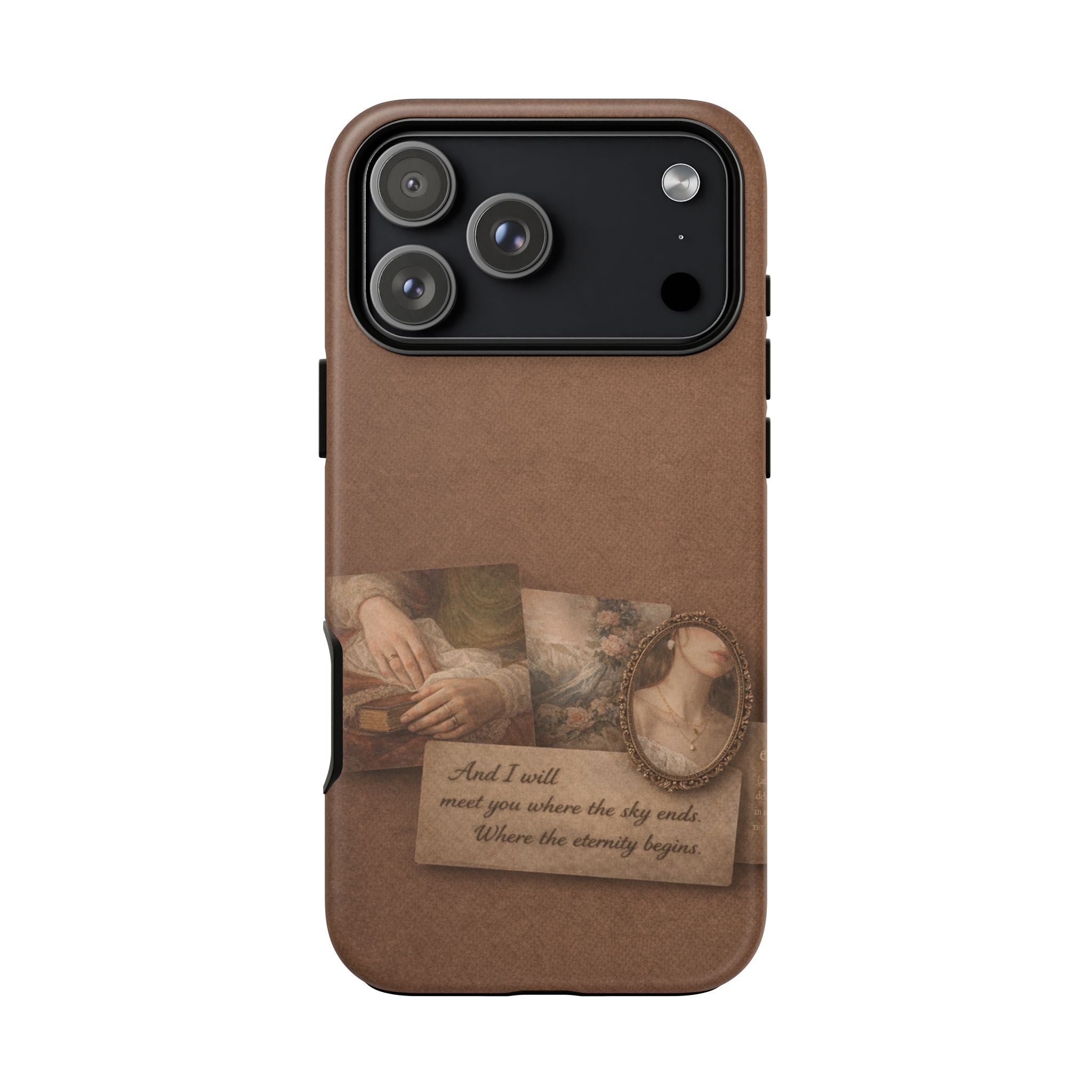Vintage Brown Phone Case with Romantic Collage — "And I saw you where the sky ends"🌙