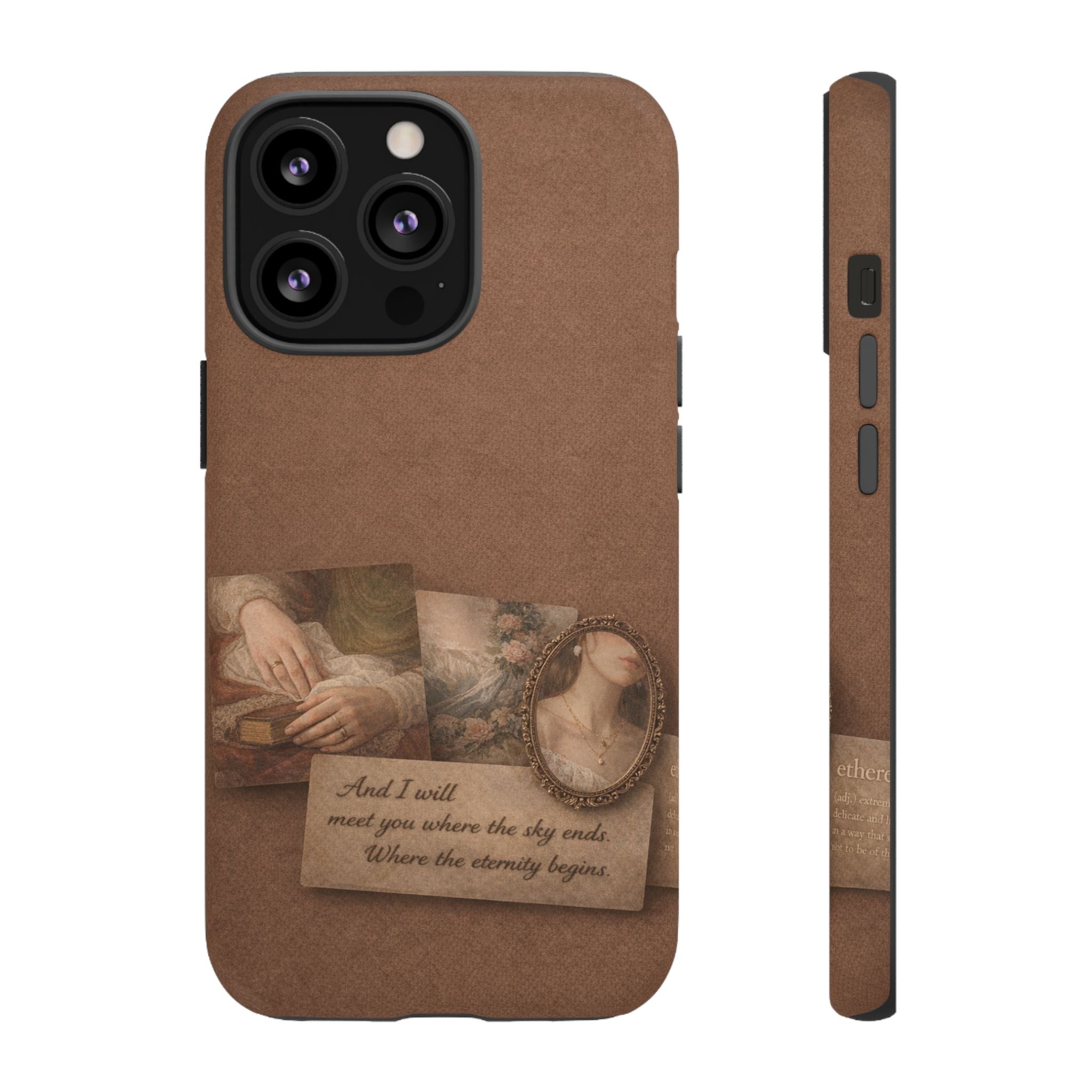 Vintage Brown Phone Case with Romantic Collage — "And I saw you where the sky ends"🌙