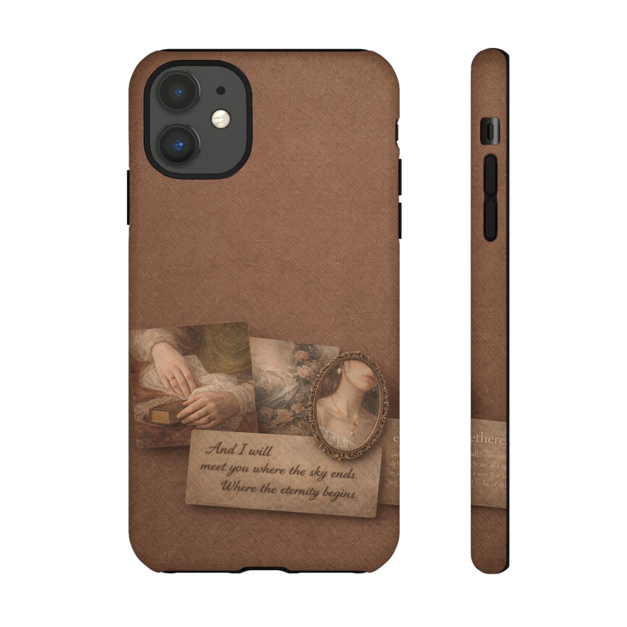 Vintage Brown Phone Case with Romantic Collage — "And I saw you where the sky ends"🌙