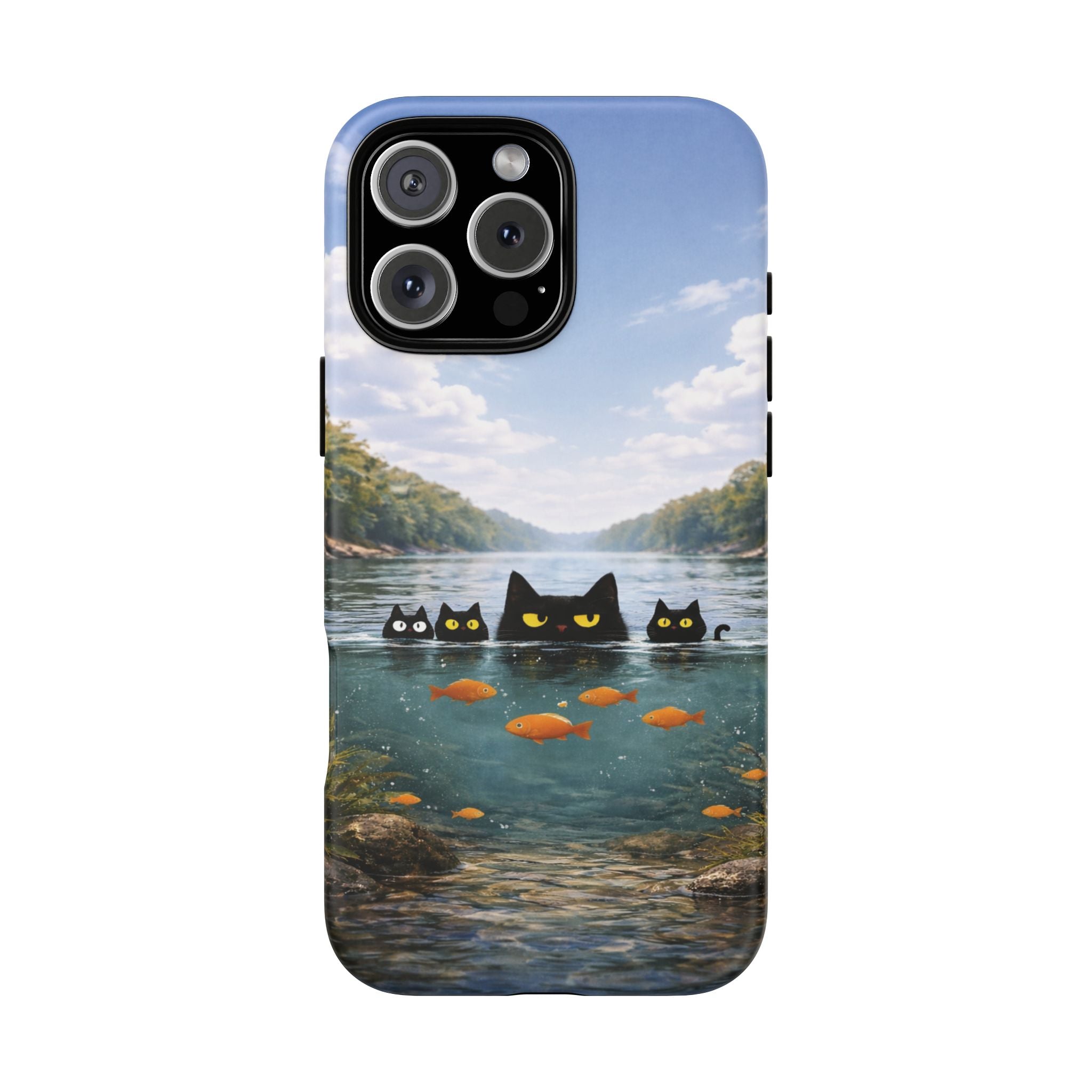 Cat Lake Tough Phone Case — Black Cats & Goldfish Scenic Protective Cover🐶🐾