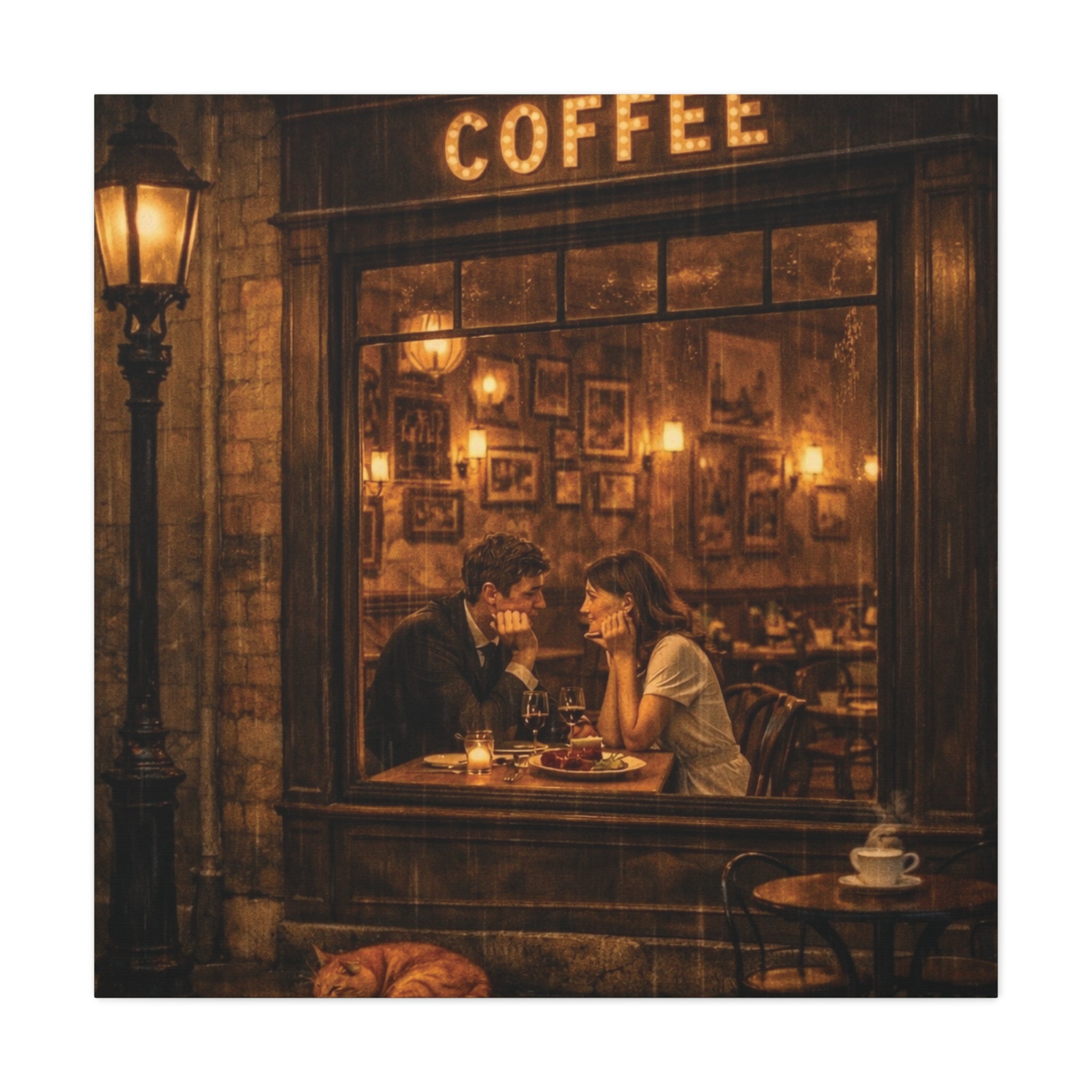 Coffee Shop Romance ☕🌧️ | Vintage Rainy Night Café Canvas Wall Art