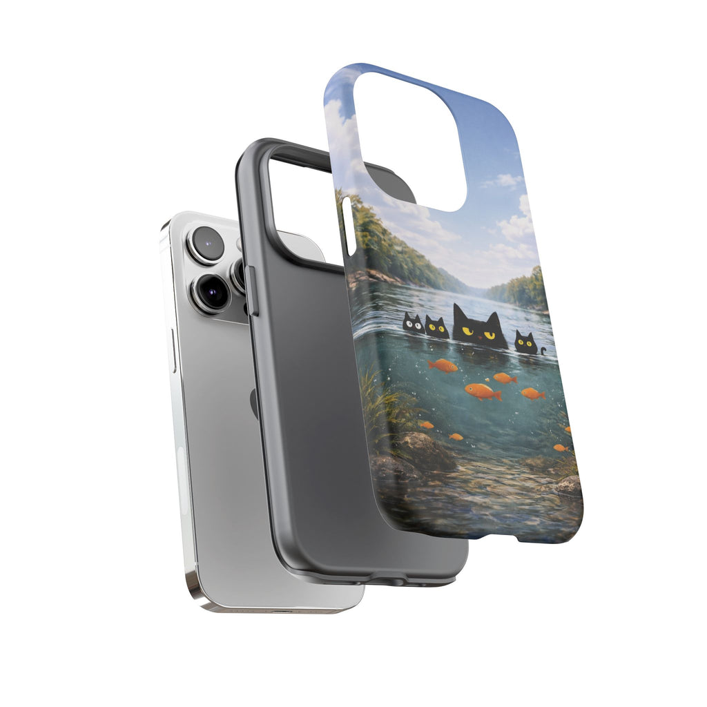 Cat Lake Tough Phone Case — Black Cats & Goldfish Scenic Protective Cover🐶🐾