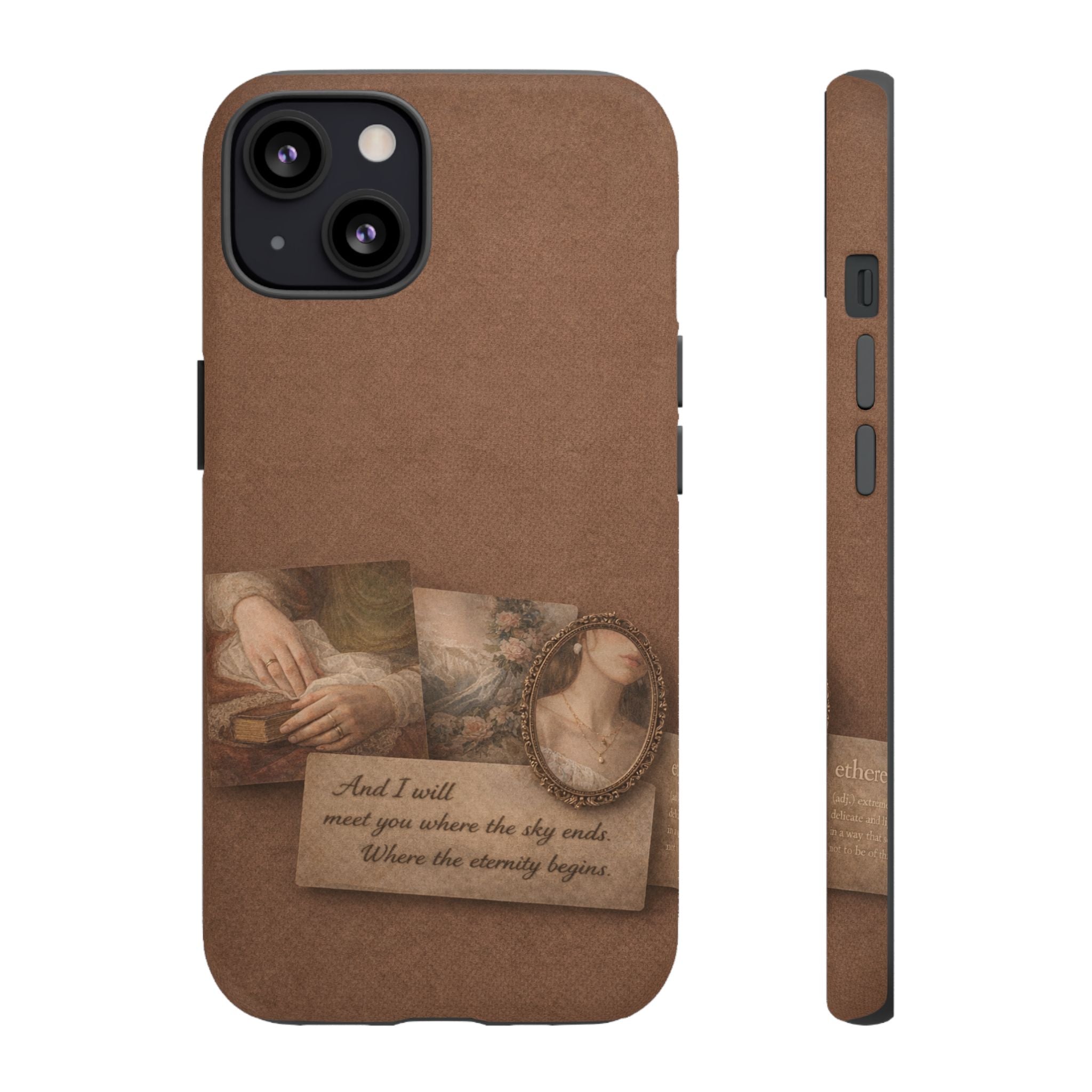 Vintage Brown Phone Case with Romantic Collage — "And I saw you where the sky ends"🌙
