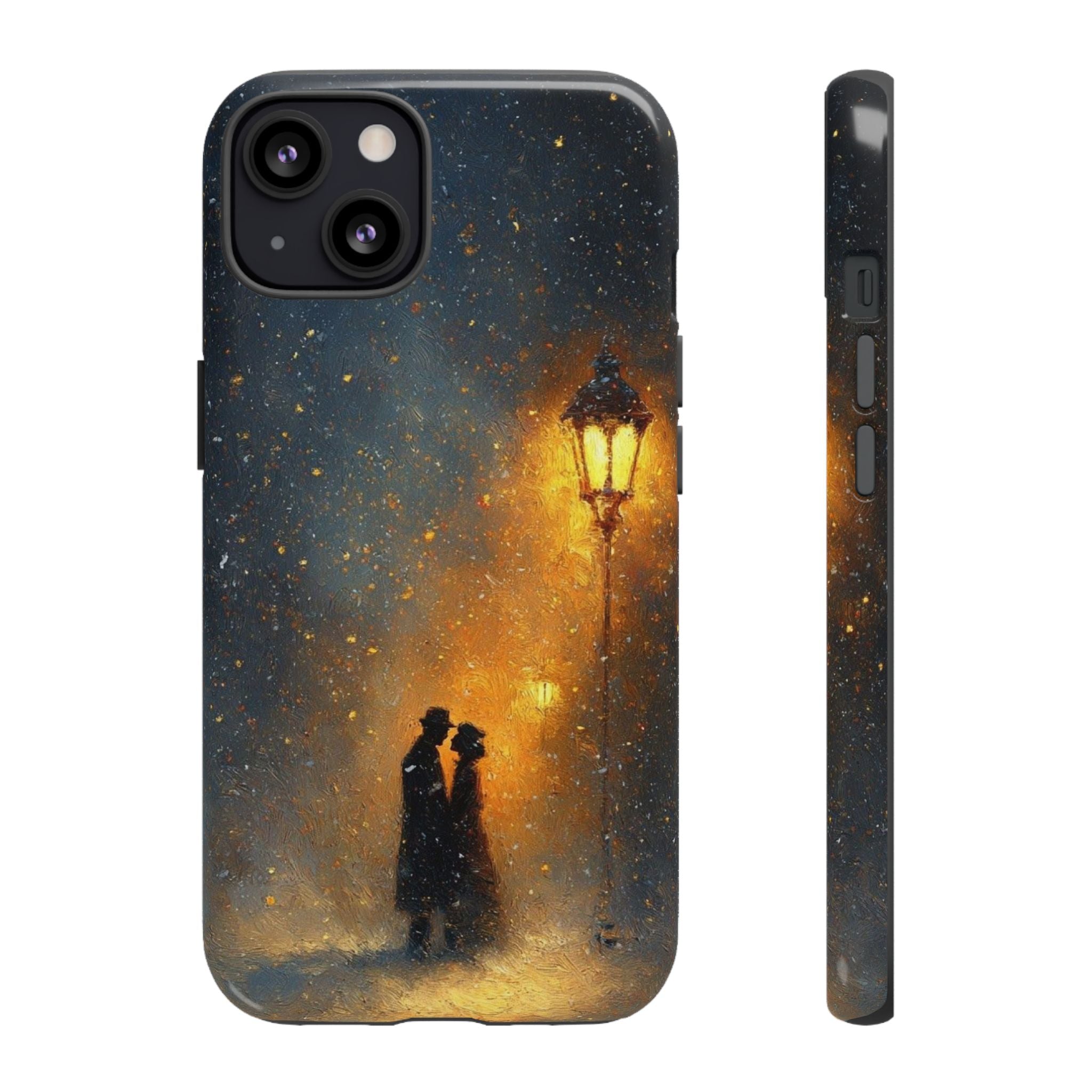 Romantic Snowy Street Phone Case — Vintage Couple Under Lamplight🌓🌙
