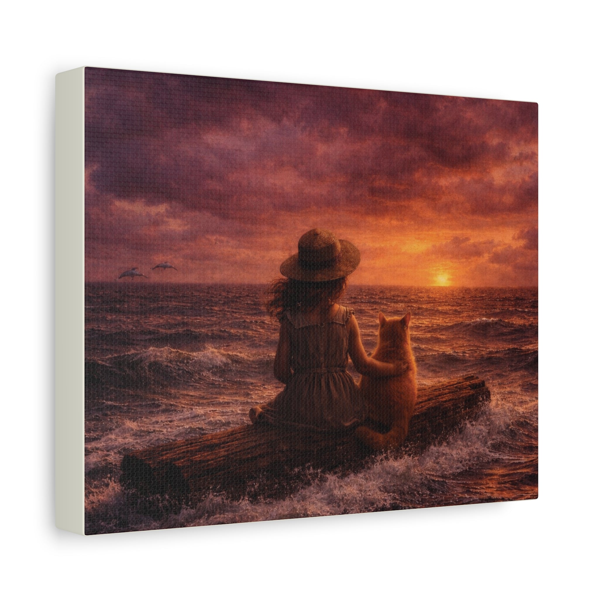 Quiet Companionship at Sunset – Girl & Cat Canvas Wall Art (Matte Stretched) 🌅