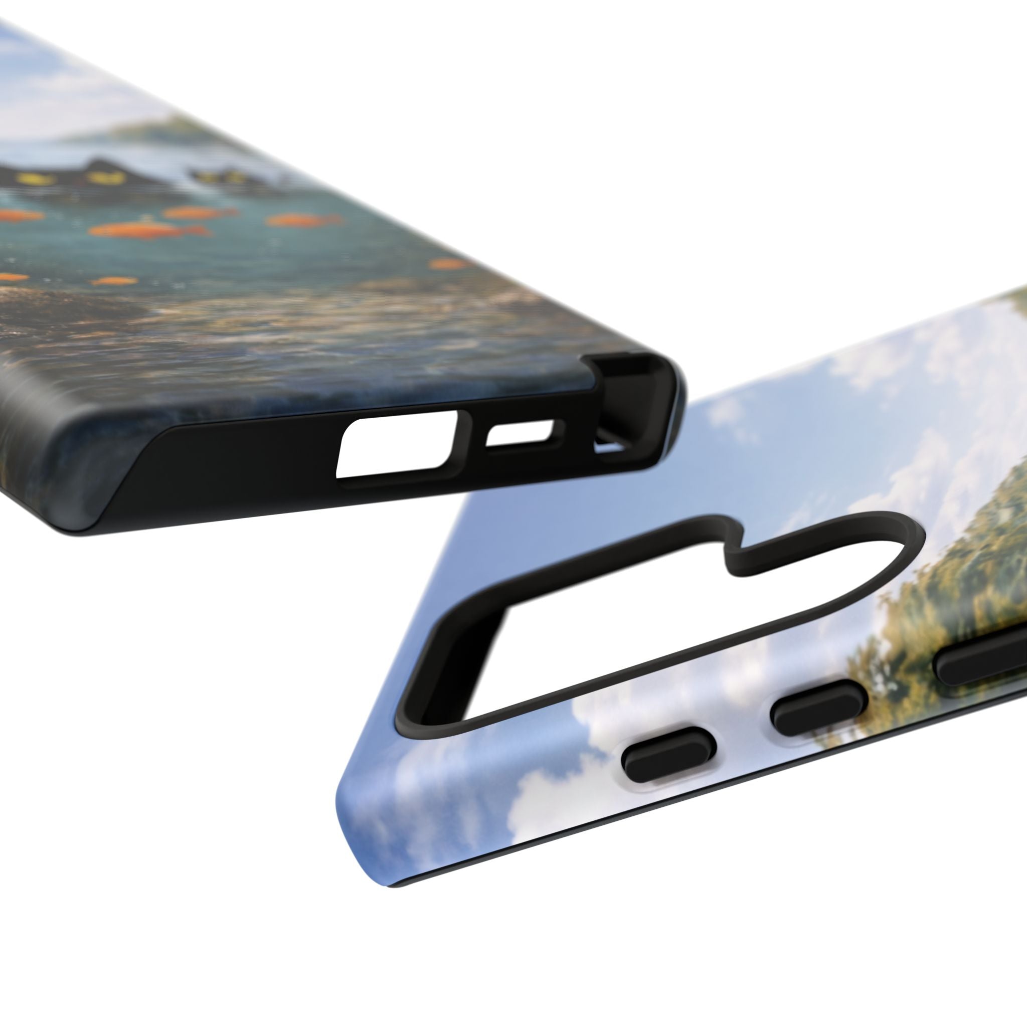 Cat Lake Tough Phone Case — Black Cats & Goldfish Scenic Protective Cover🐶🐾