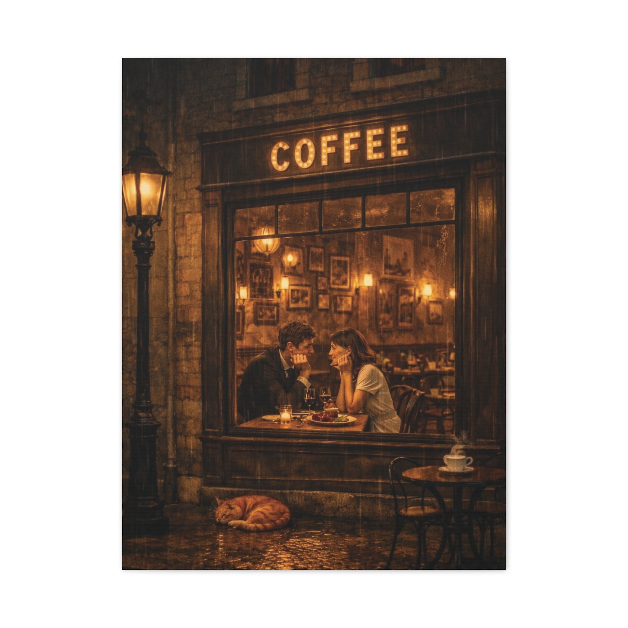 Coffee Shop Romance ☕🌧️ | Vintage Rainy Night Café Canvas Wall Art