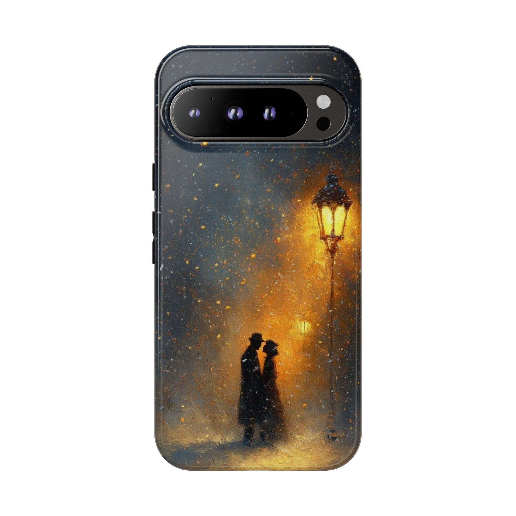 Romantic Snowy Street Phone Case — Vintage Couple Under Lamplight🌓🌙