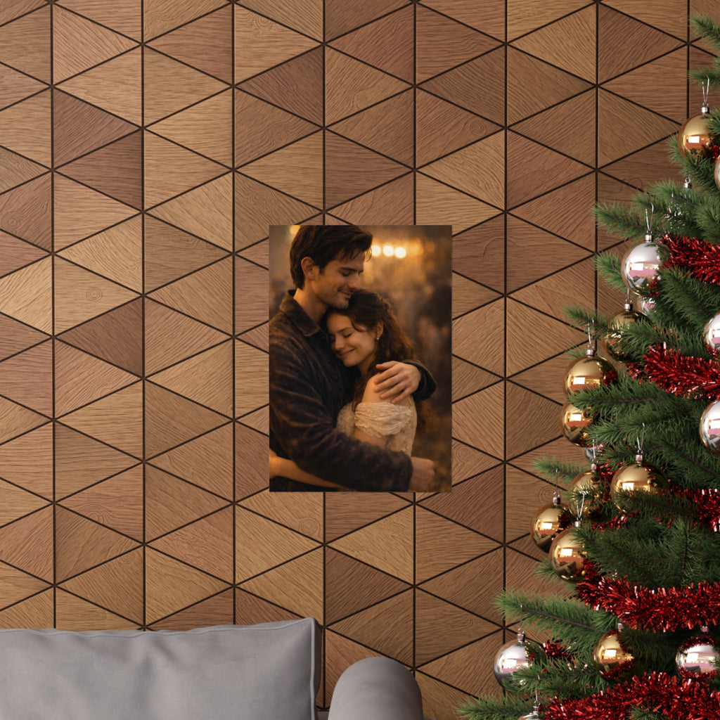 Golden Embrace — Romantic Couple Matte Poster | Warm Cinematic Love Wall Art