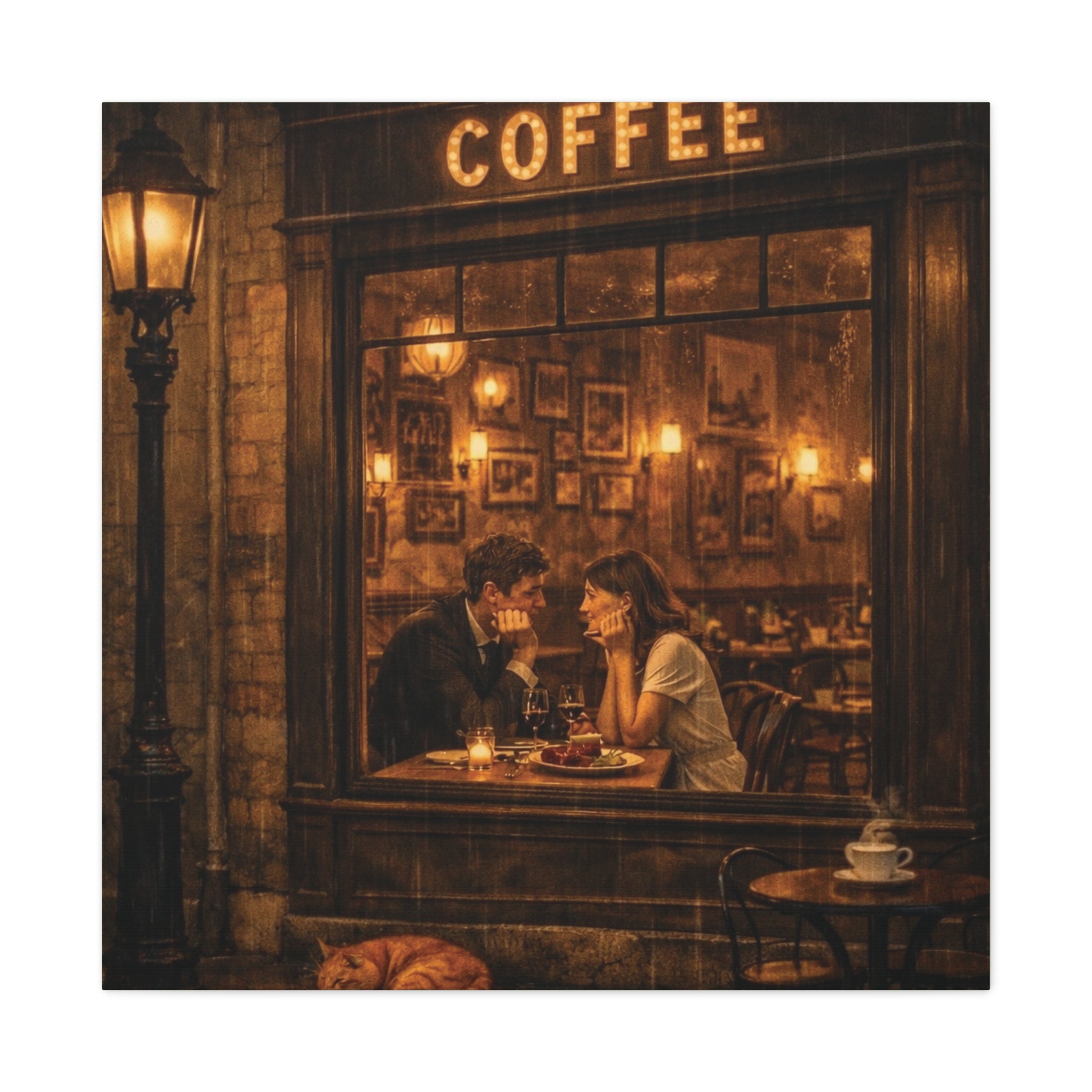 Coffee Shop Romance ☕🌧️ | Vintage Rainy Night Café Canvas Wall Art