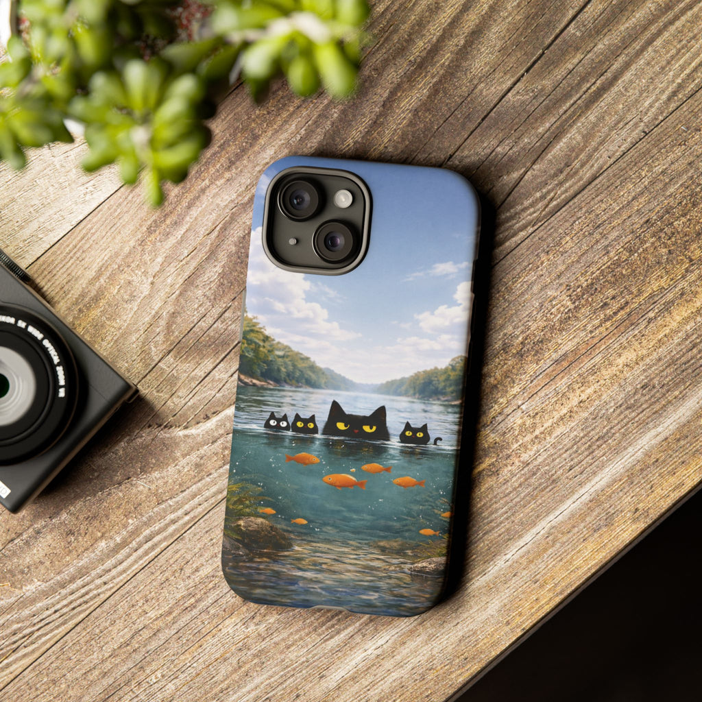 Cat Lake Tough Phone Case — Black Cats & Goldfish Scenic Protective Cover🐶🐾