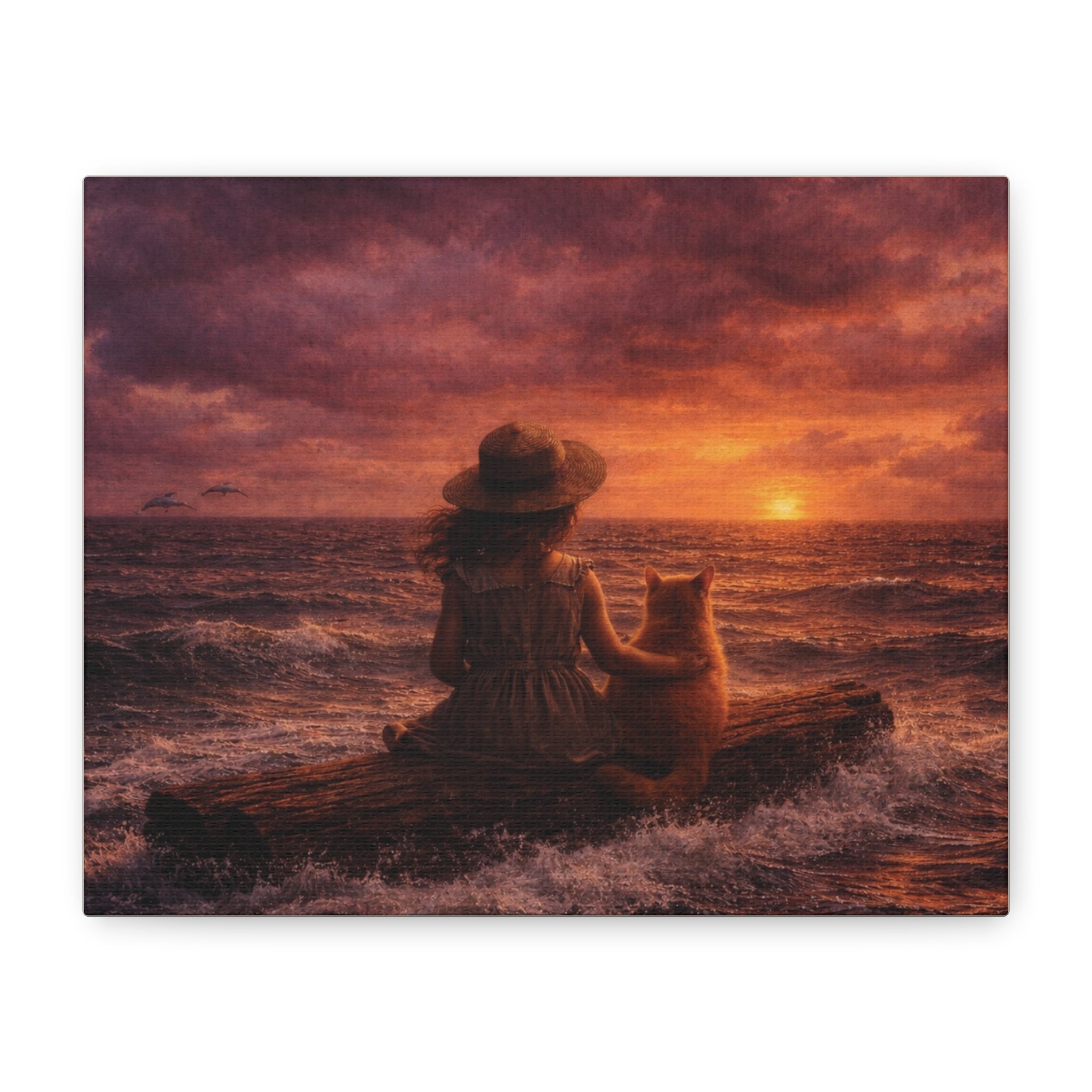 Quiet Companionship at Sunset – Girl & Cat Canvas Wall Art (Matte Stretched) 🌅