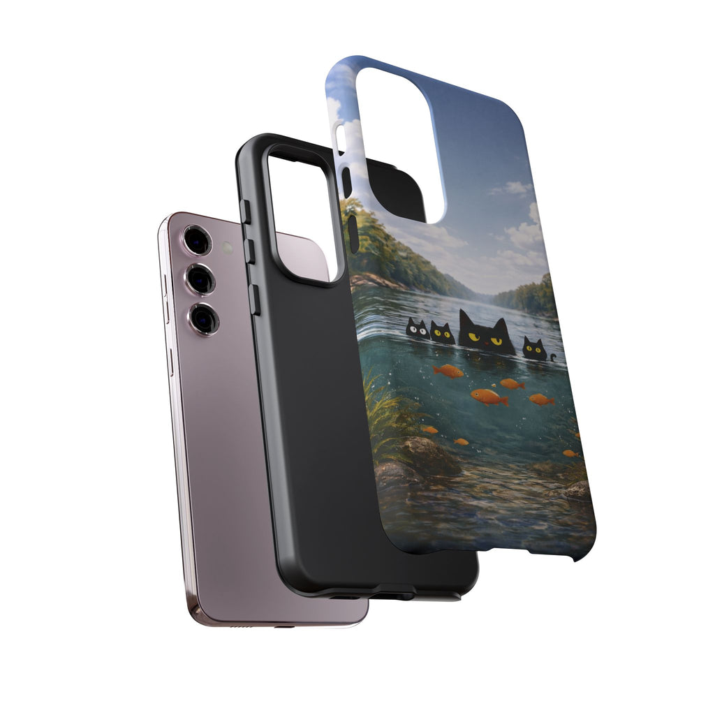 Cat Lake Tough Phone Case — Black Cats & Goldfish Scenic Protective Cover🐶🐾