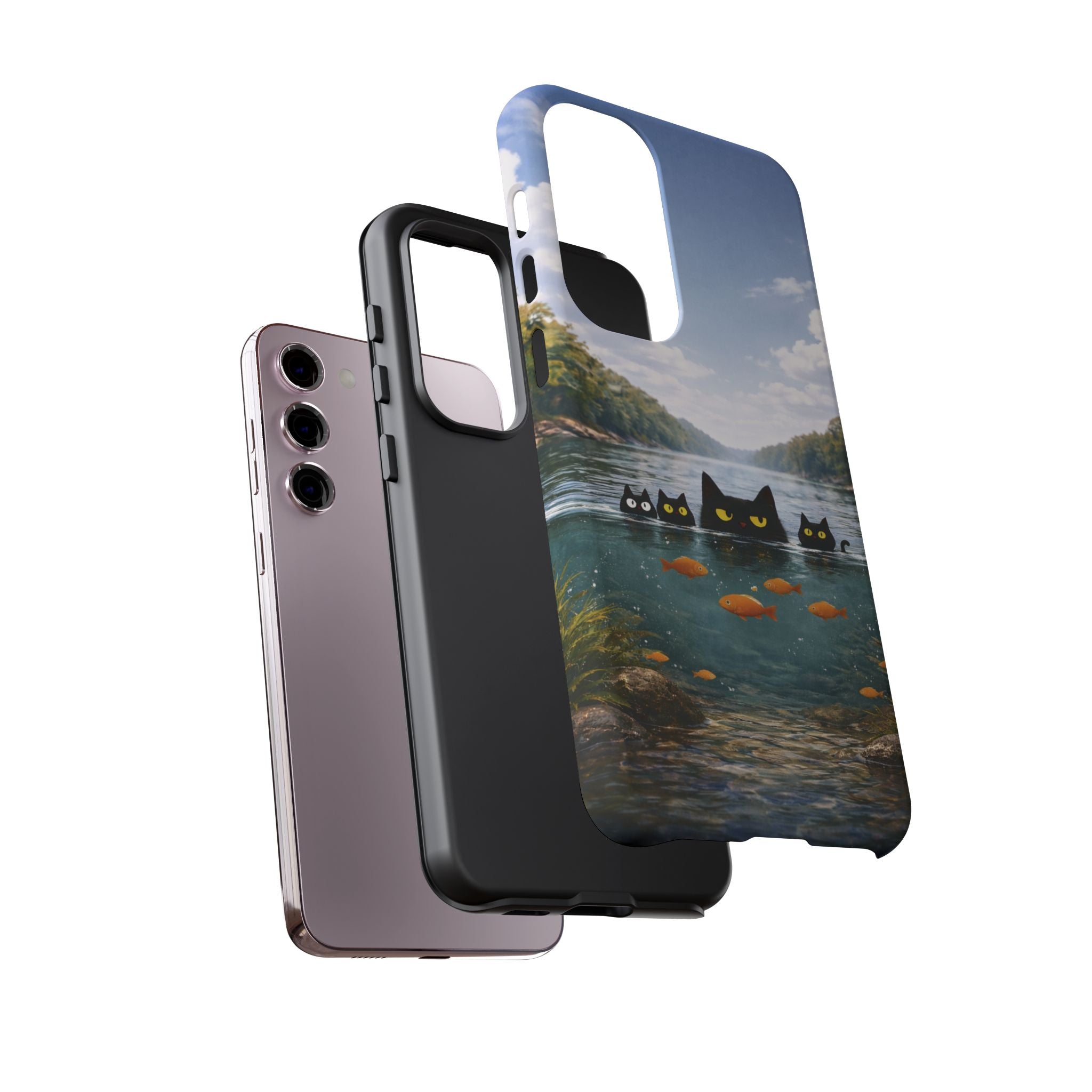 Cat Lake Tough Phone Case — Black Cats & Goldfish Scenic Protective Cover🐶🐾