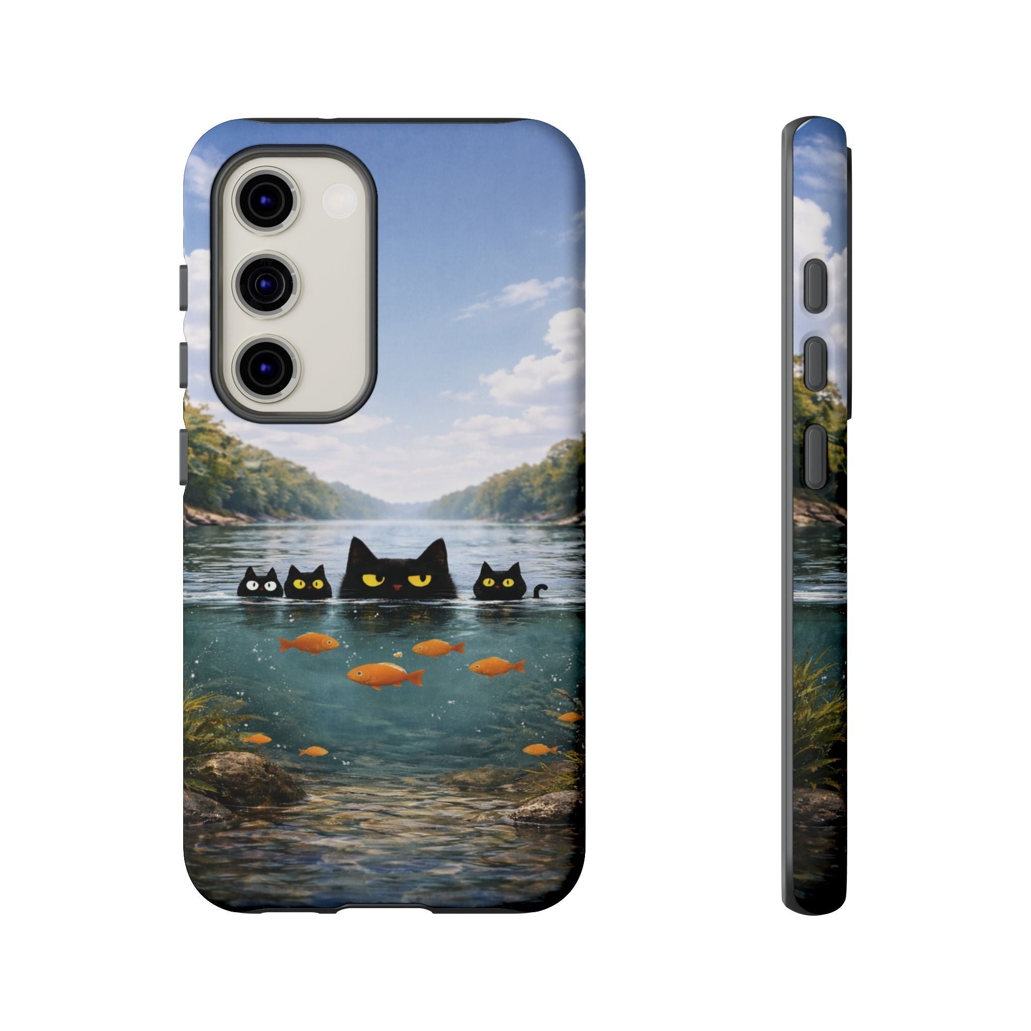 Cat Lake Tough Phone Case — Black Cats & Goldfish Scenic Protective Cover🐶🐾