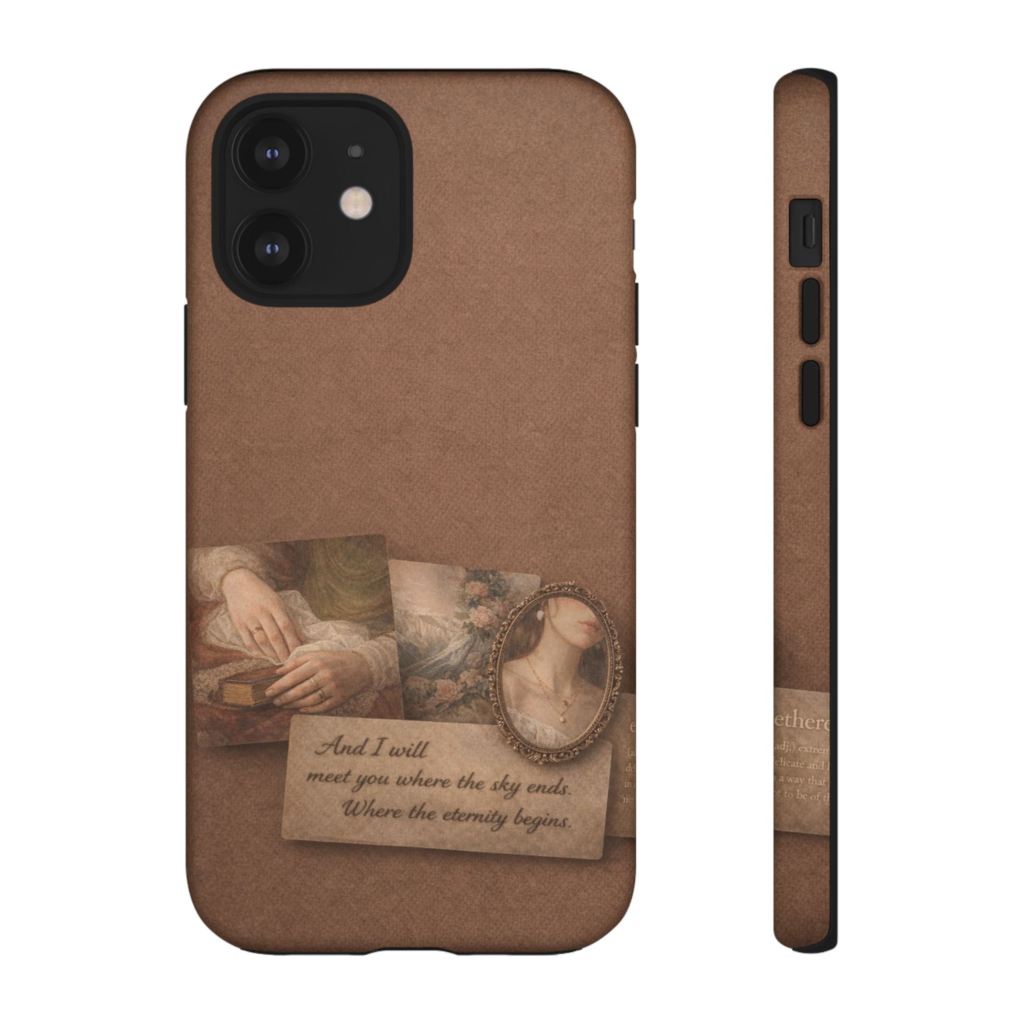 Vintage Brown Phone Case with Romantic Collage — "And I saw you where the sky ends"🌙