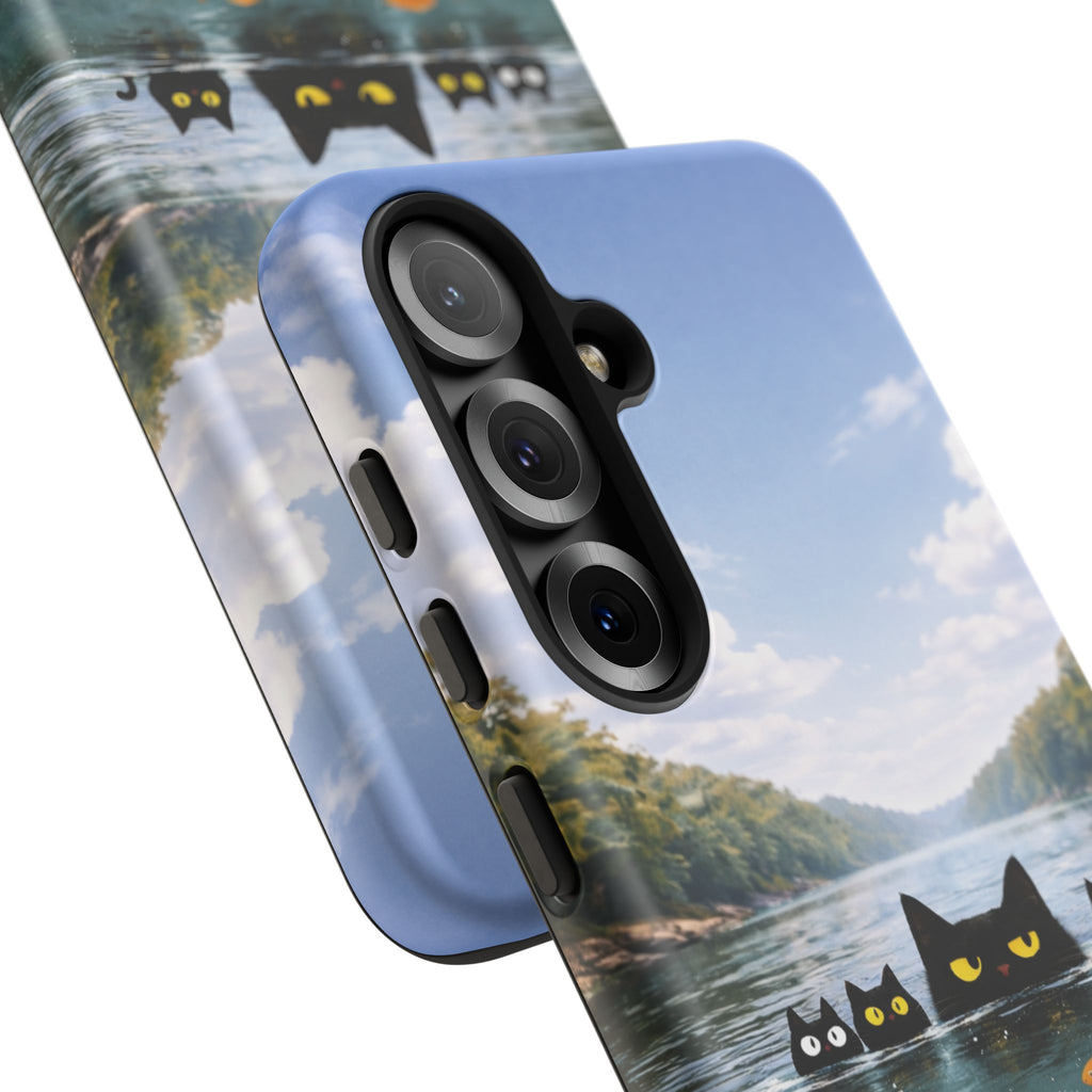 Cat Lake Tough Phone Case — Black Cats & Goldfish Scenic Protective Cover🐶🐾