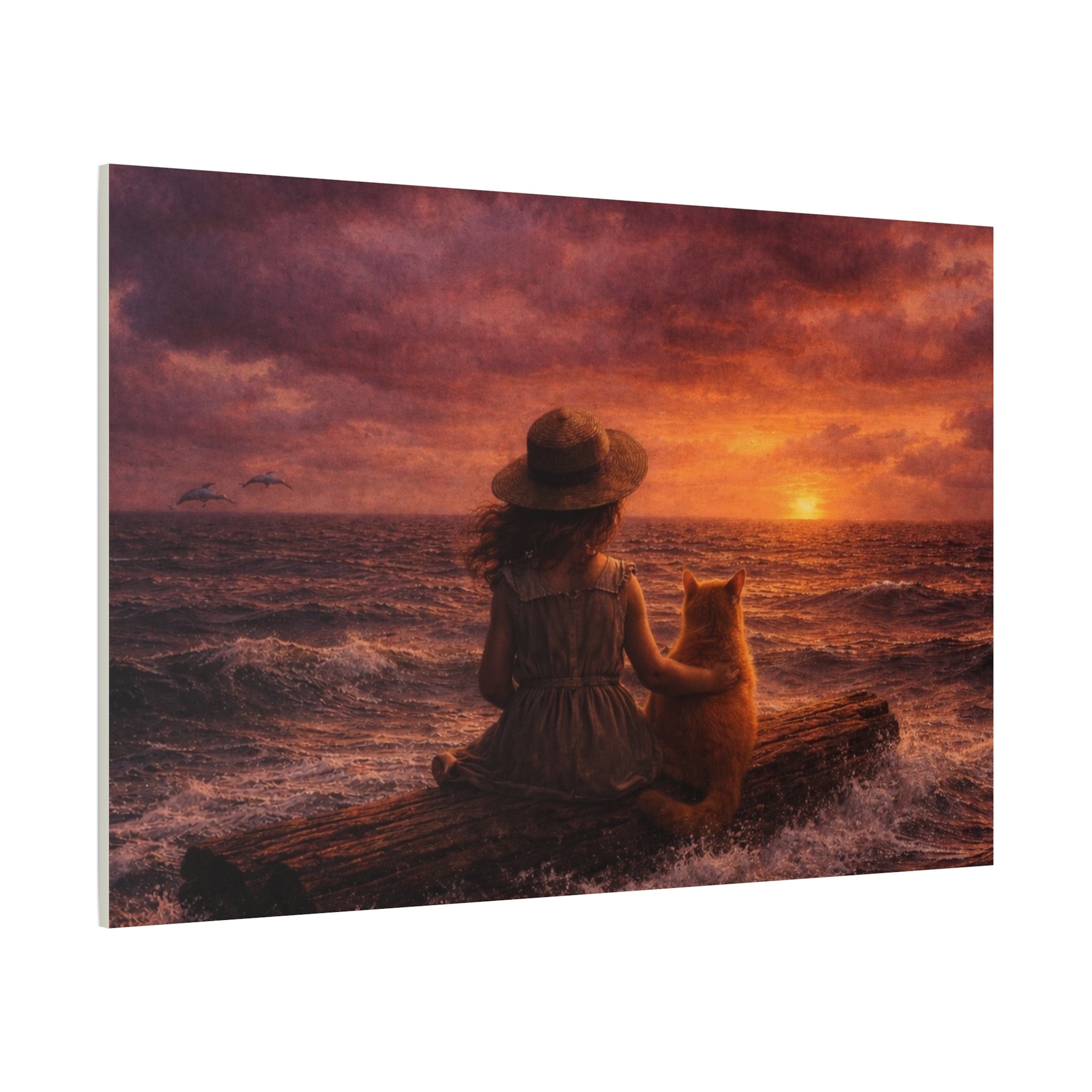 Quiet Companionship at Sunset – Girl & Cat Canvas Wall Art (Matte Stretched) 🌅