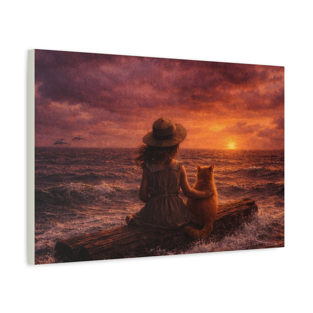 Quiet Companionship at Sunset – Girl & Cat Canvas Wall Art (Matte Stretched) 🌅