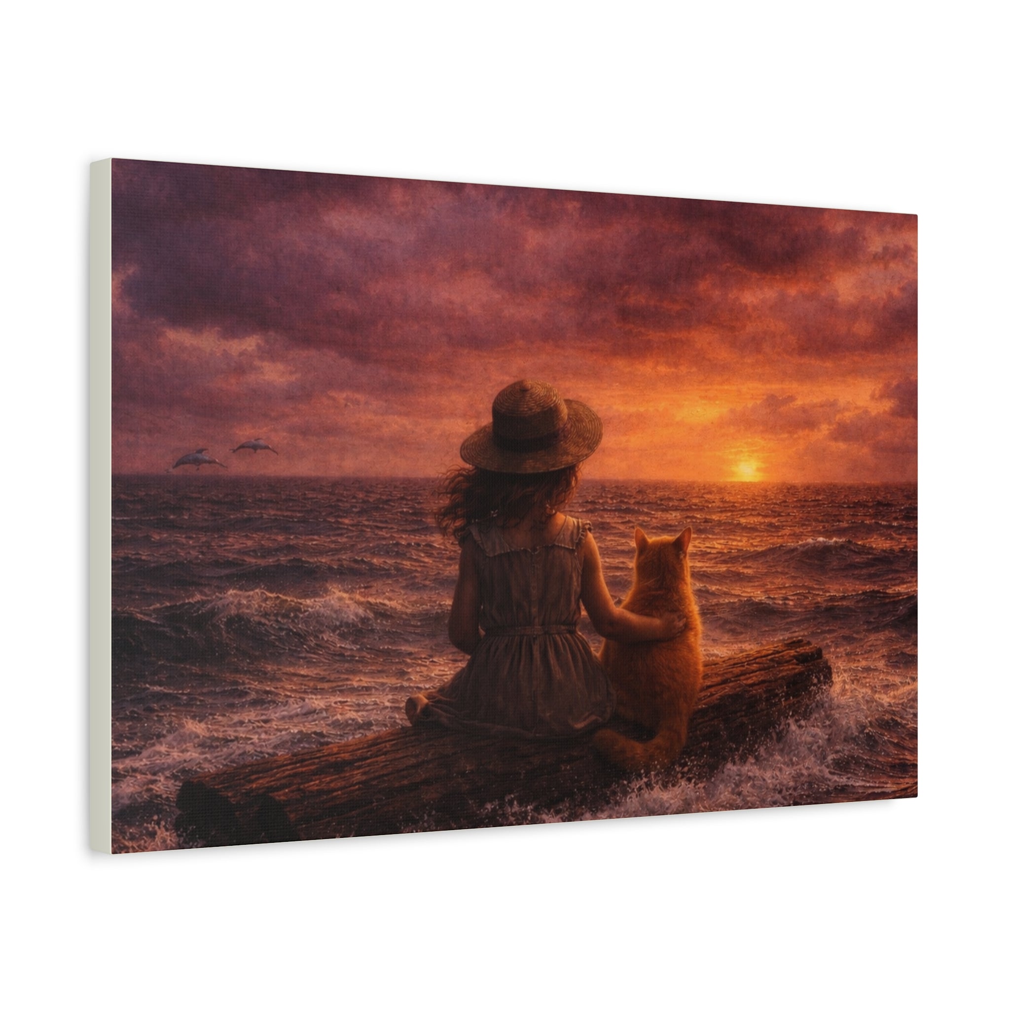 Quiet Companionship at Sunset – Girl & Cat Canvas Wall Art (Matte Stretched) 🌅