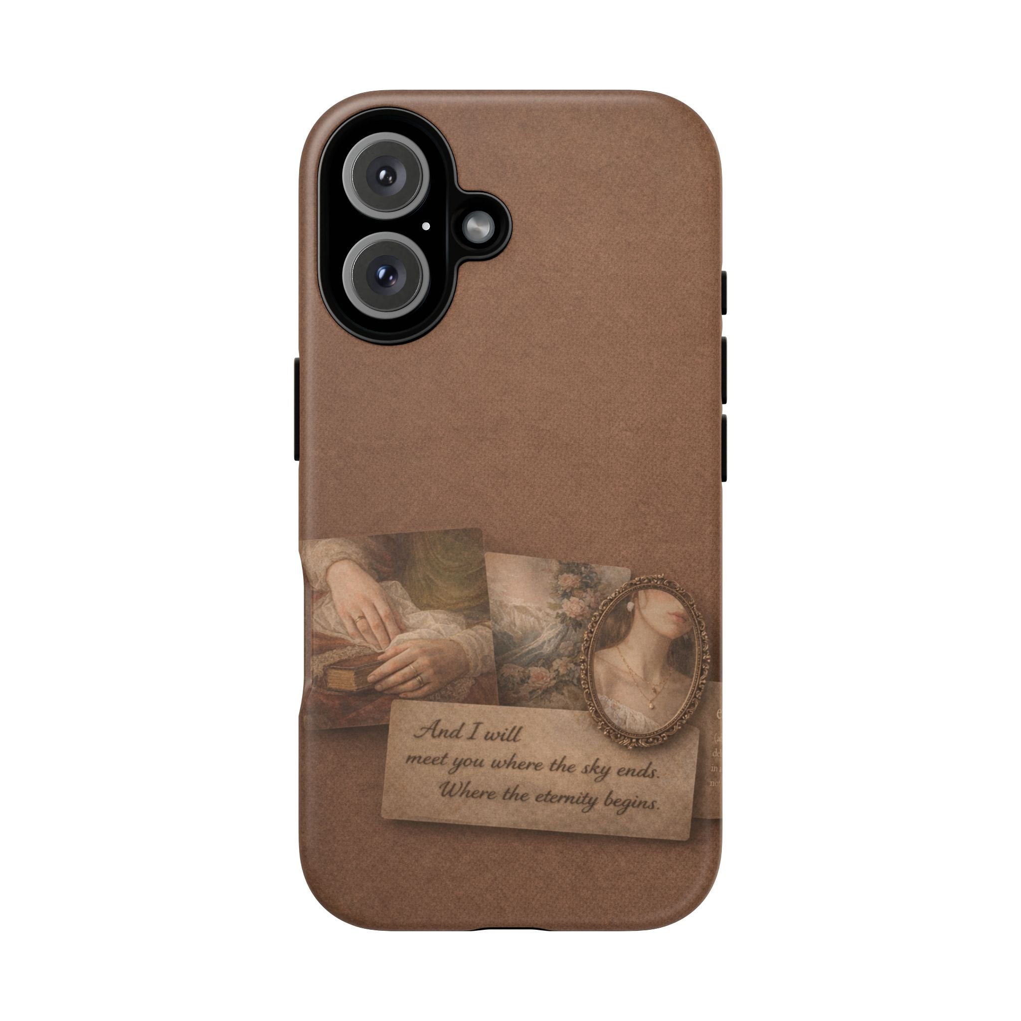 Vintage Brown Phone Case with Romantic Collage — "And I saw you where the sky ends"🌙