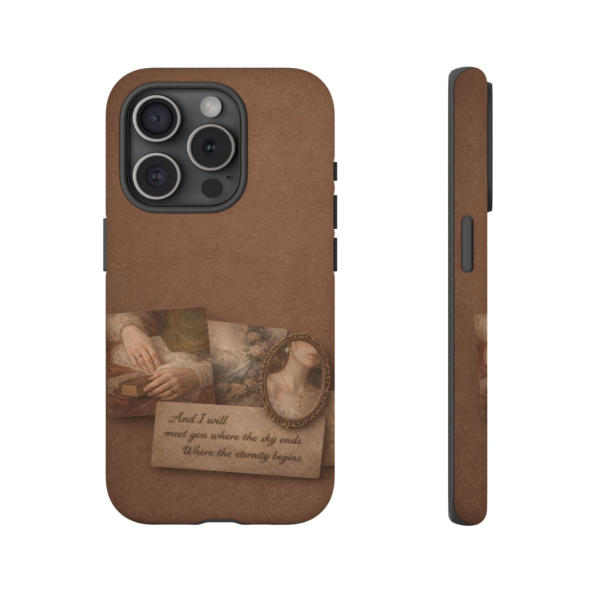 Vintage Brown Phone Case with Romantic Collage — "And I saw you where the sky ends"🌙