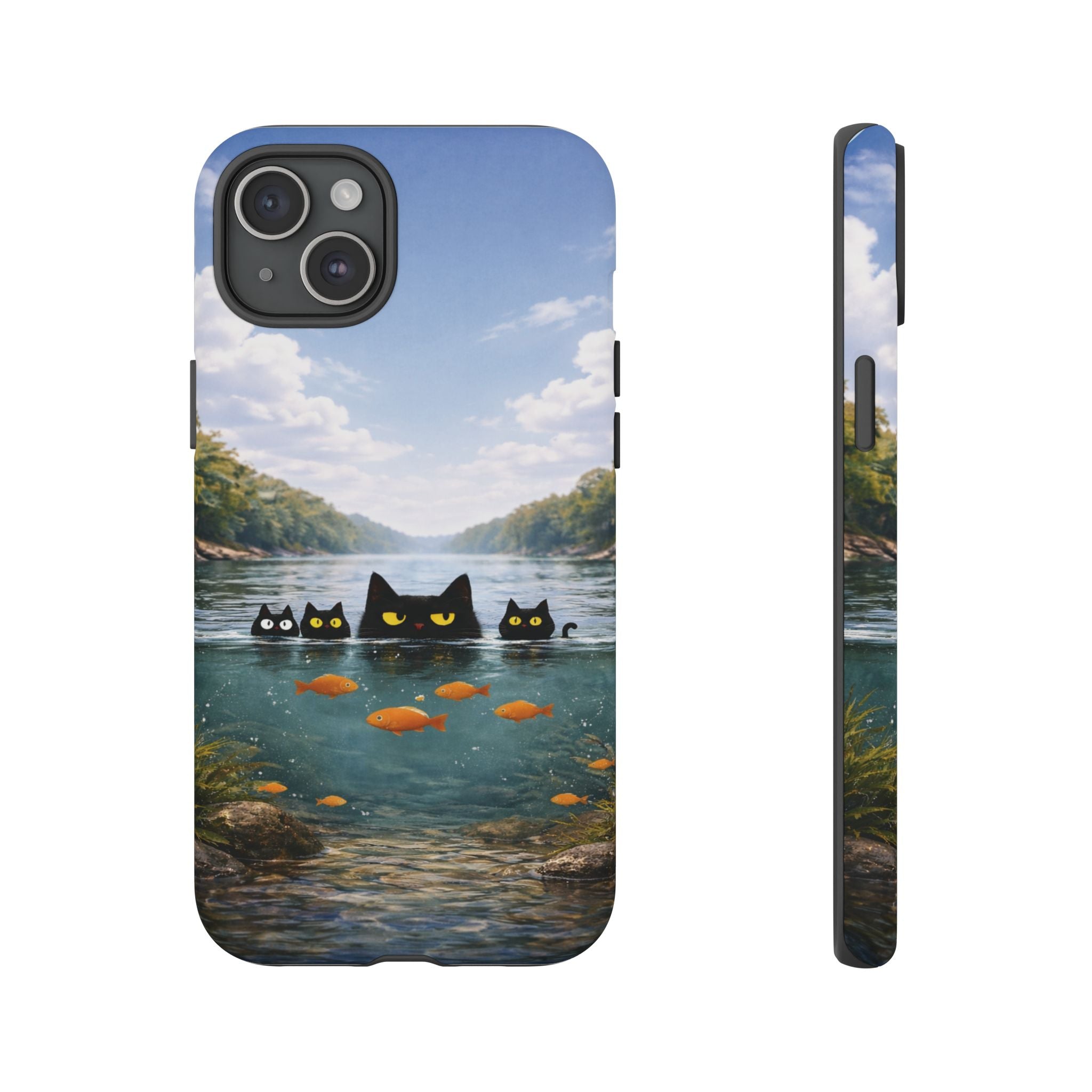 Cat Lake Tough Phone Case — Black Cats & Goldfish Scenic Protective Cover🐶🐾