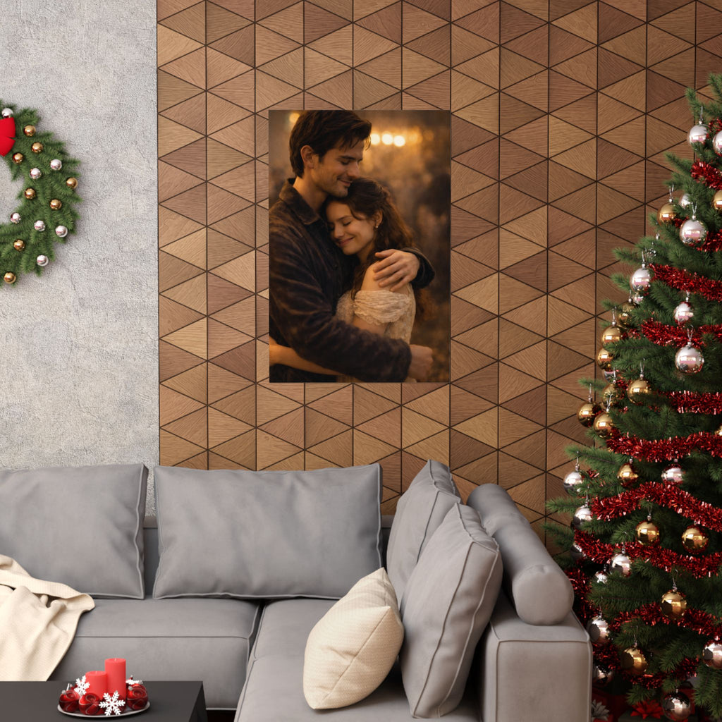 Golden Embrace — Romantic Couple Matte Poster | Warm Cinematic Love Wall Art