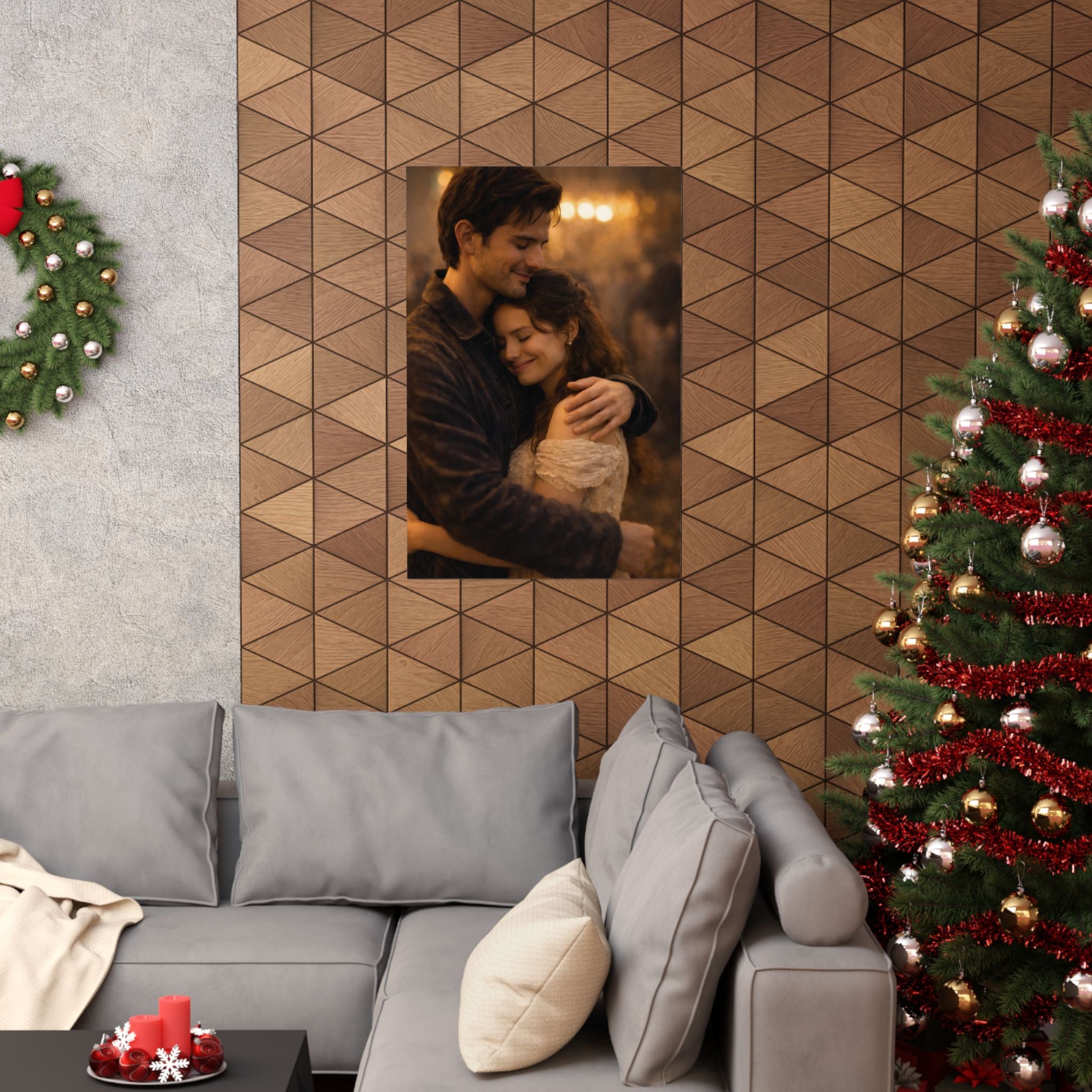 Golden Embrace — Romantic Couple Matte Poster | Warm Cinematic Love Wall Art