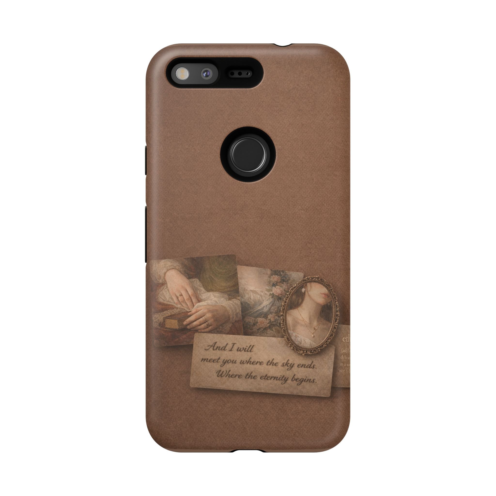 Vintage Brown Phone Case with Romantic Collage — "And I saw you where the sky ends"🌙