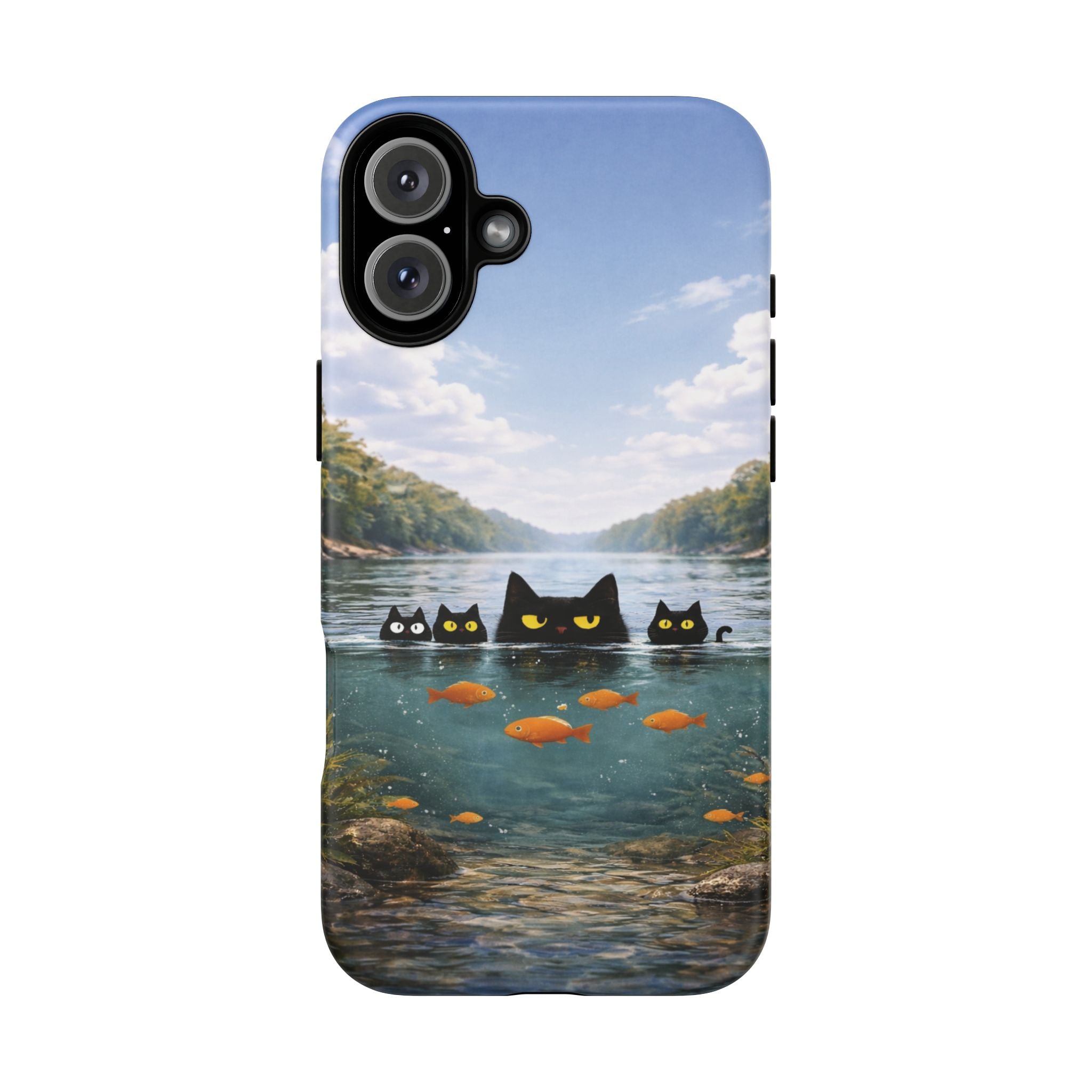 Cat Lake Tough Phone Case — Black Cats & Goldfish Scenic Protective Cover🐶🐾