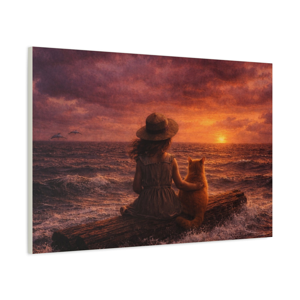 Quiet Companionship at Sunset – Girl & Cat Canvas Wall Art (Matte Stretched) 🌅