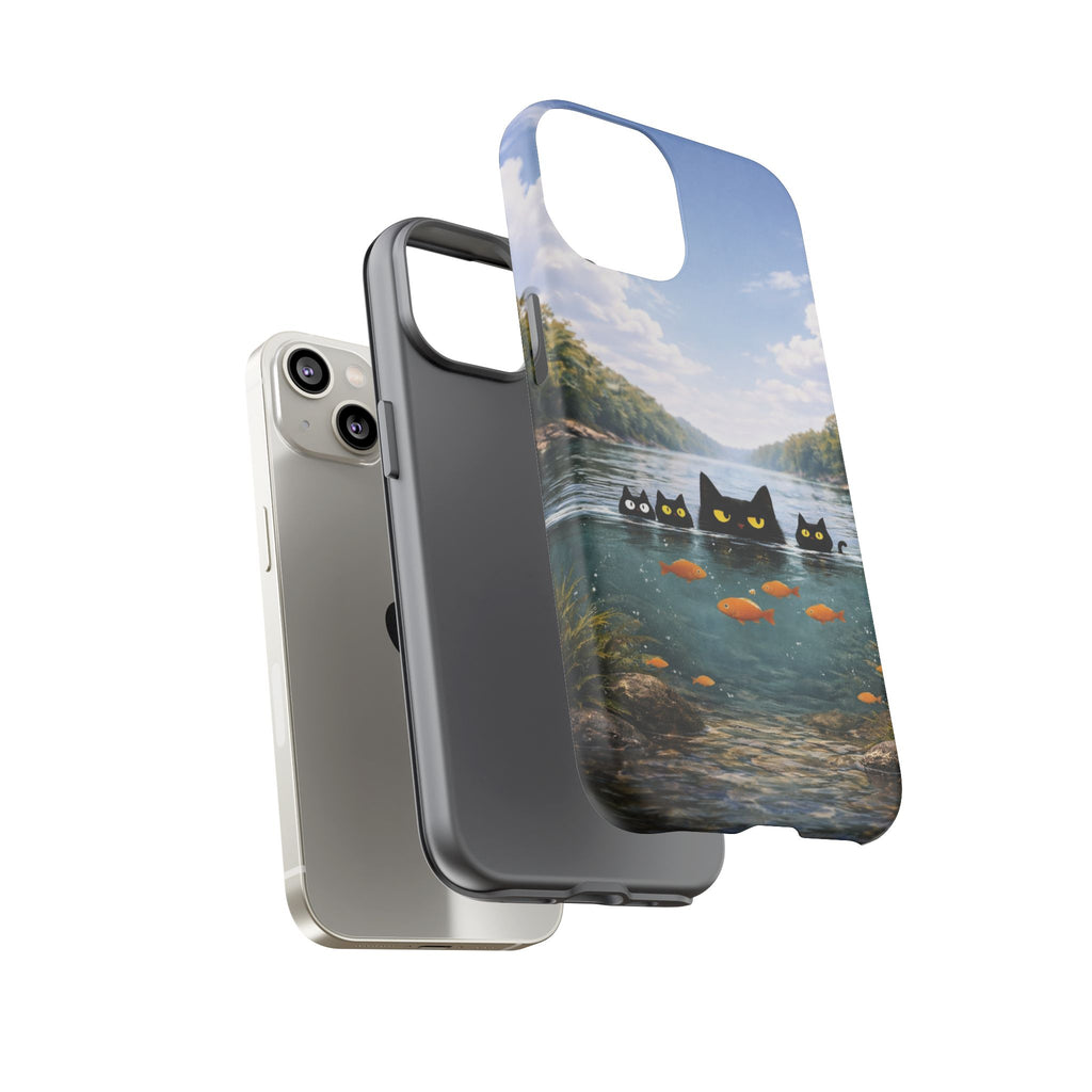 Cat Lake Tough Phone Case — Black Cats & Goldfish Scenic Protective Cover🐶🐾