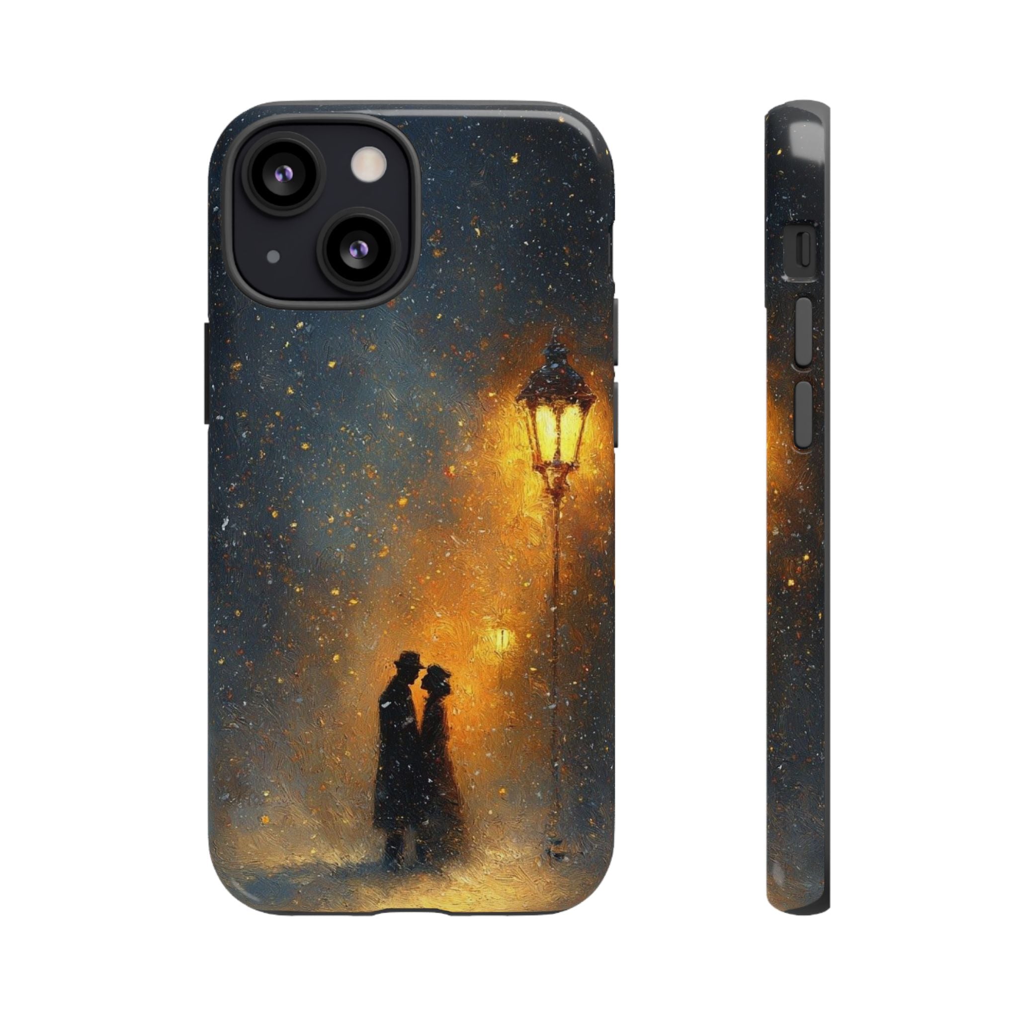 Romantic Snowy Street Phone Case — Vintage Couple Under Lamplight🌓🌙