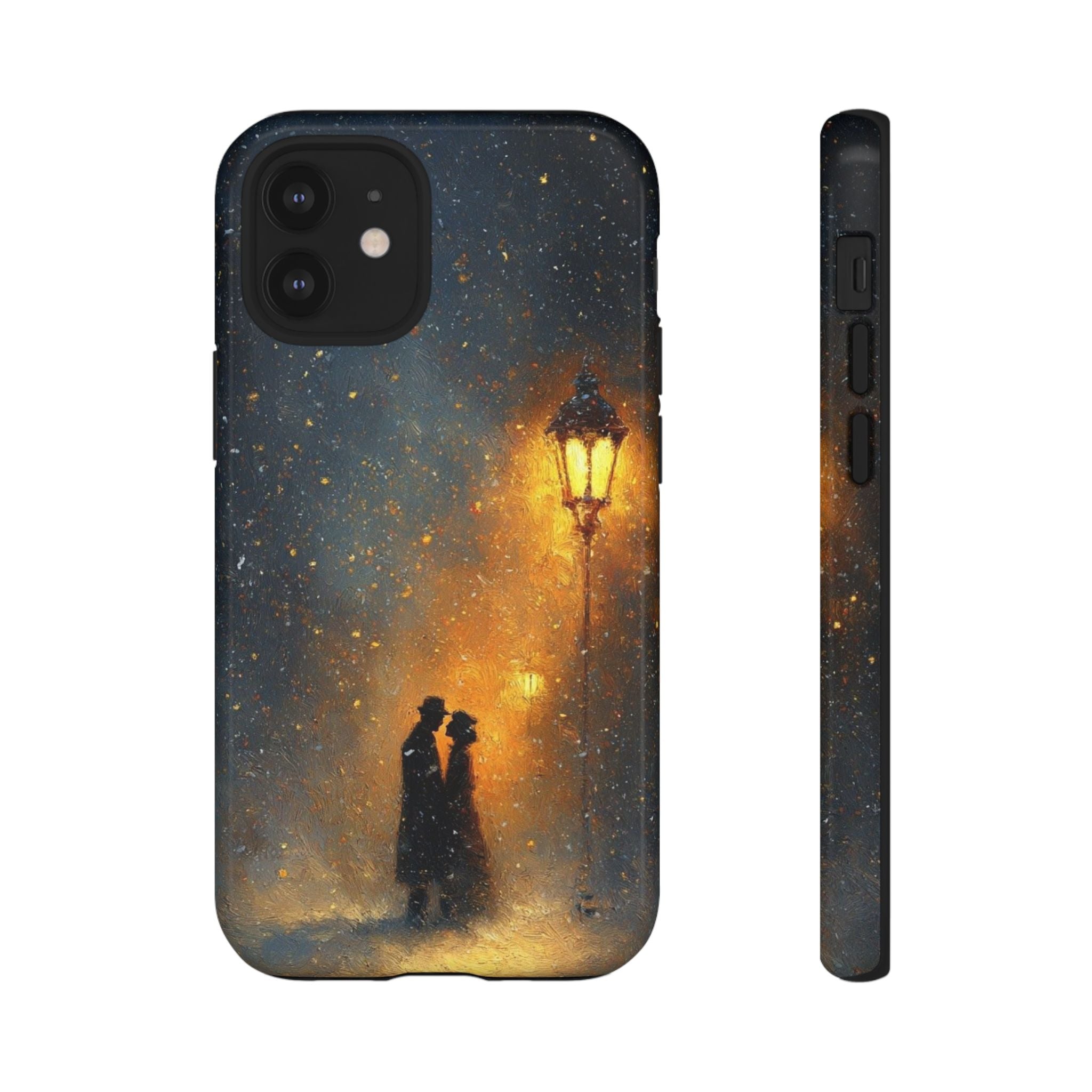 Romantic Snowy Street Phone Case — Vintage Couple Under Lamplight🌓🌙
