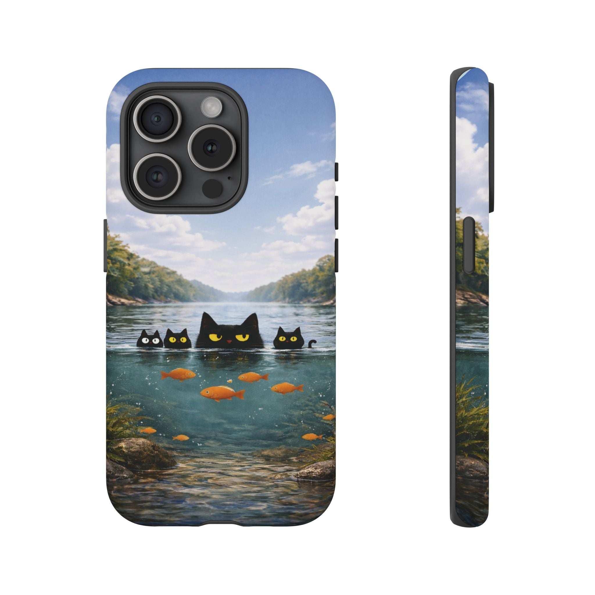 Cat Lake Tough Phone Case — Black Cats & Goldfish Scenic Protective Cover🐶🐾