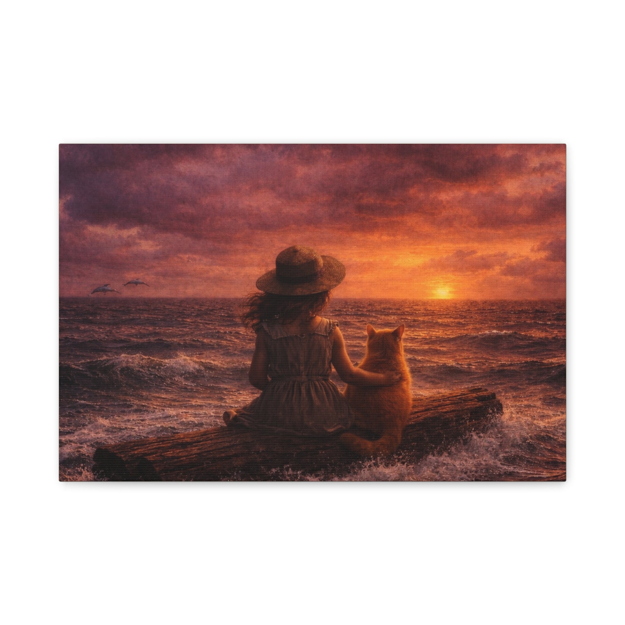 Quiet Companionship at Sunset – Girl & Cat Canvas Wall Art (Matte Stretched) 🌅