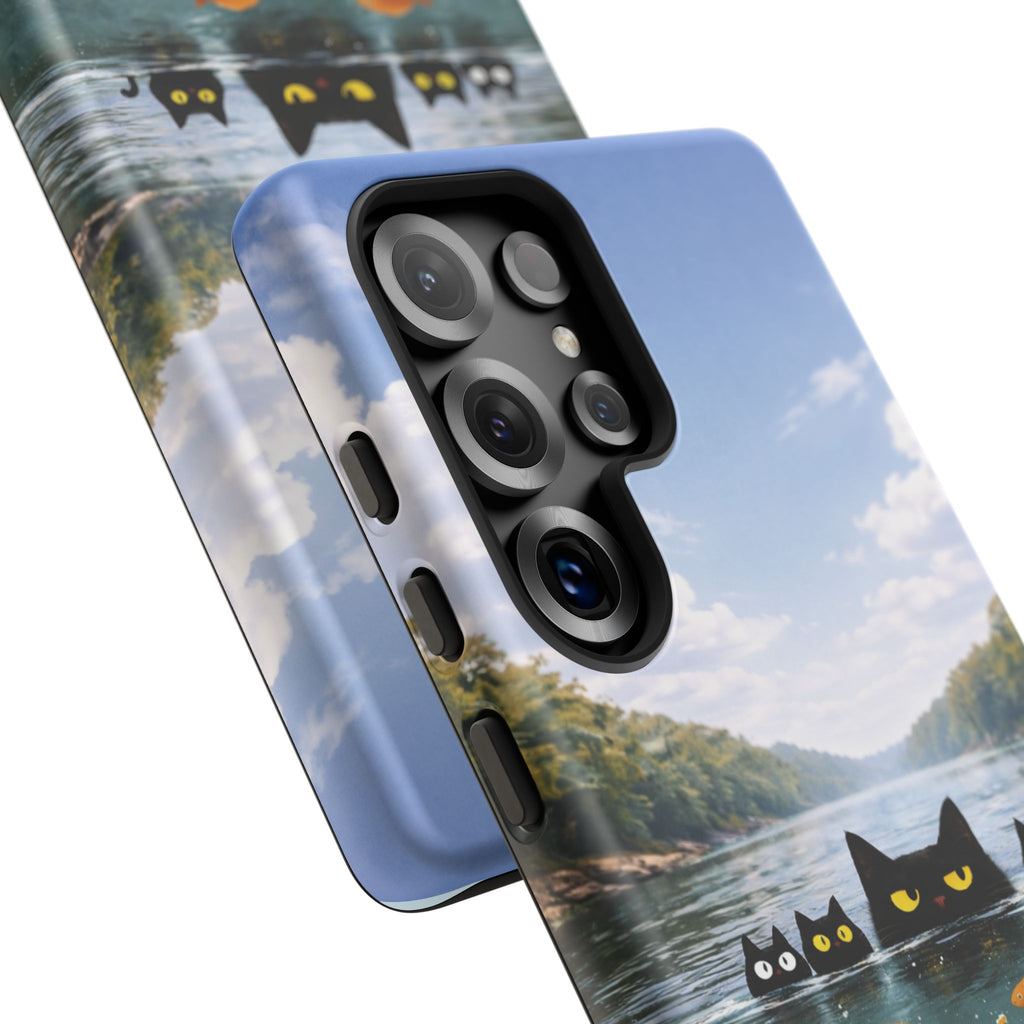 Cat Lake Tough Phone Case — Black Cats & Goldfish Scenic Protective Cover🐶🐾