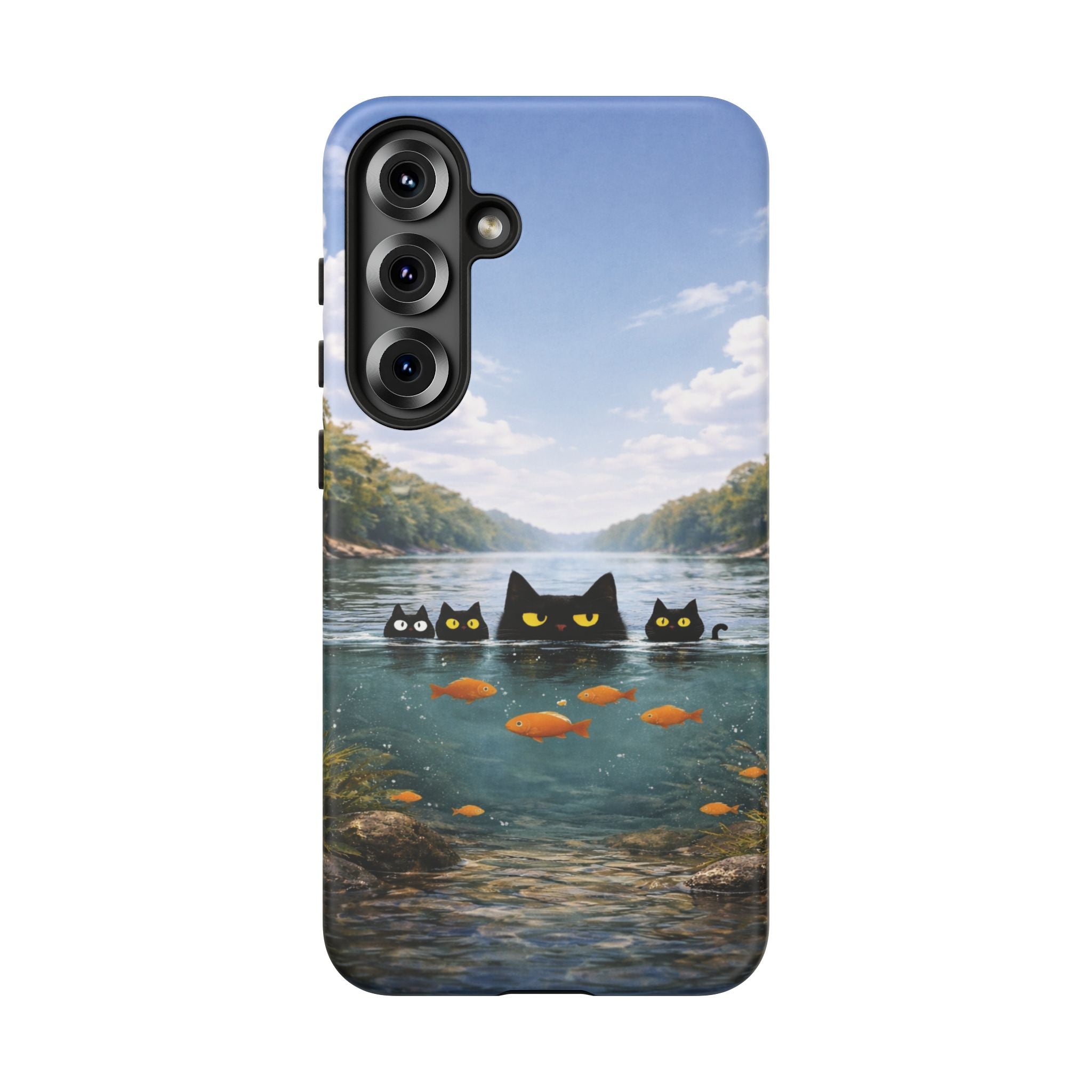 Cat Lake Tough Phone Case — Black Cats & Goldfish Scenic Protective Cover🐶🐾