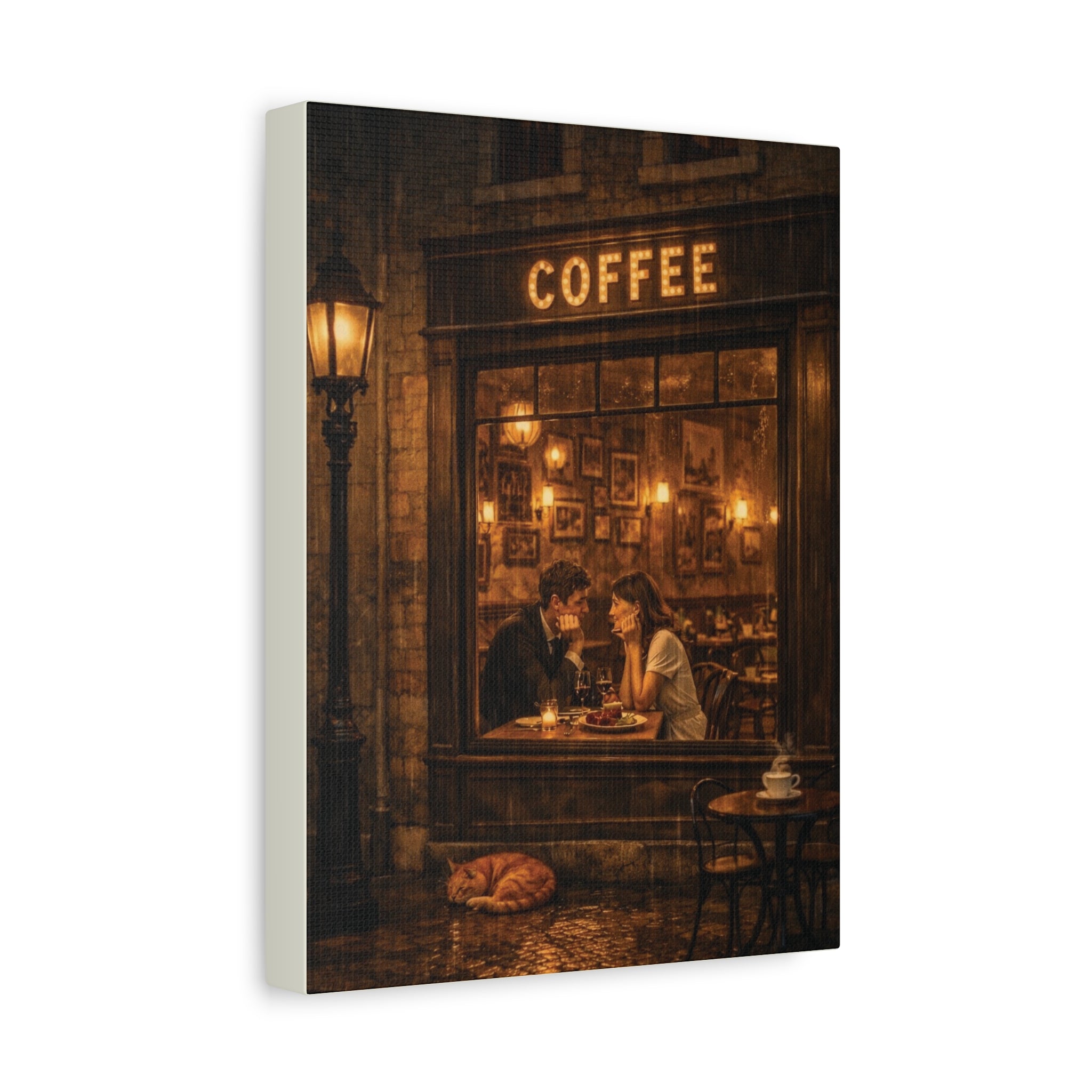 Coffee Shop Romance ☕🌧️ | Vintage Rainy Night Café Canvas Wall Art