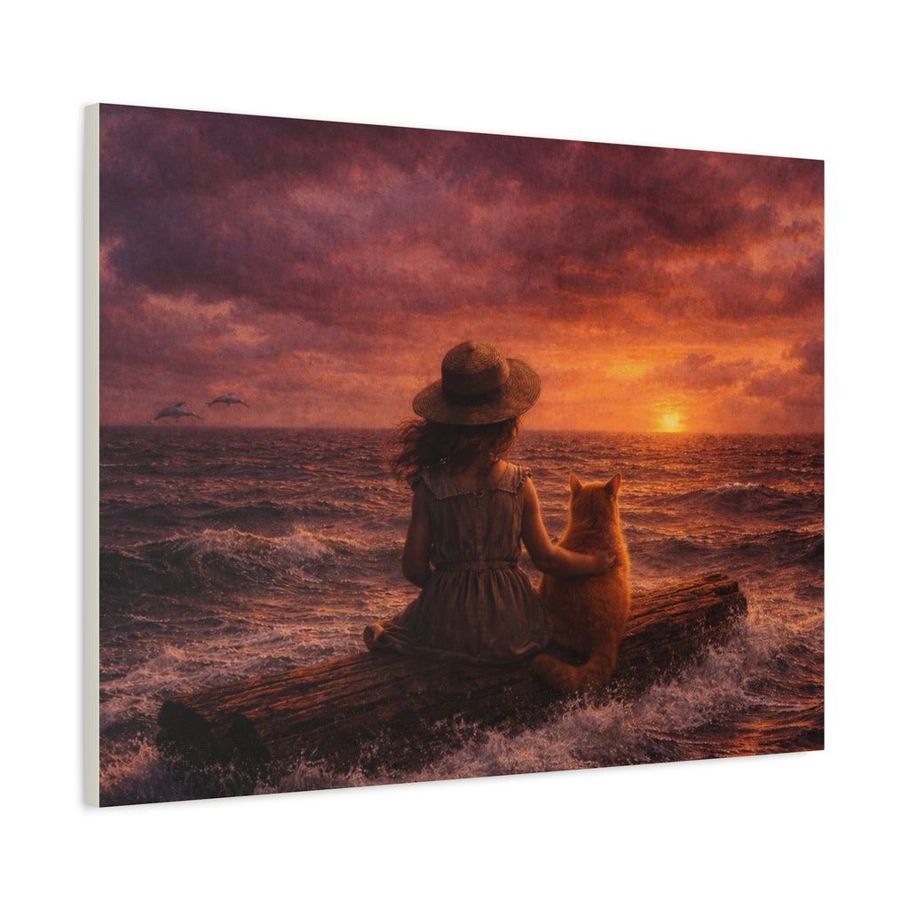 Quiet Companionship at Sunset – Girl & Cat Canvas Wall Art (Matte Stretched) 🌅