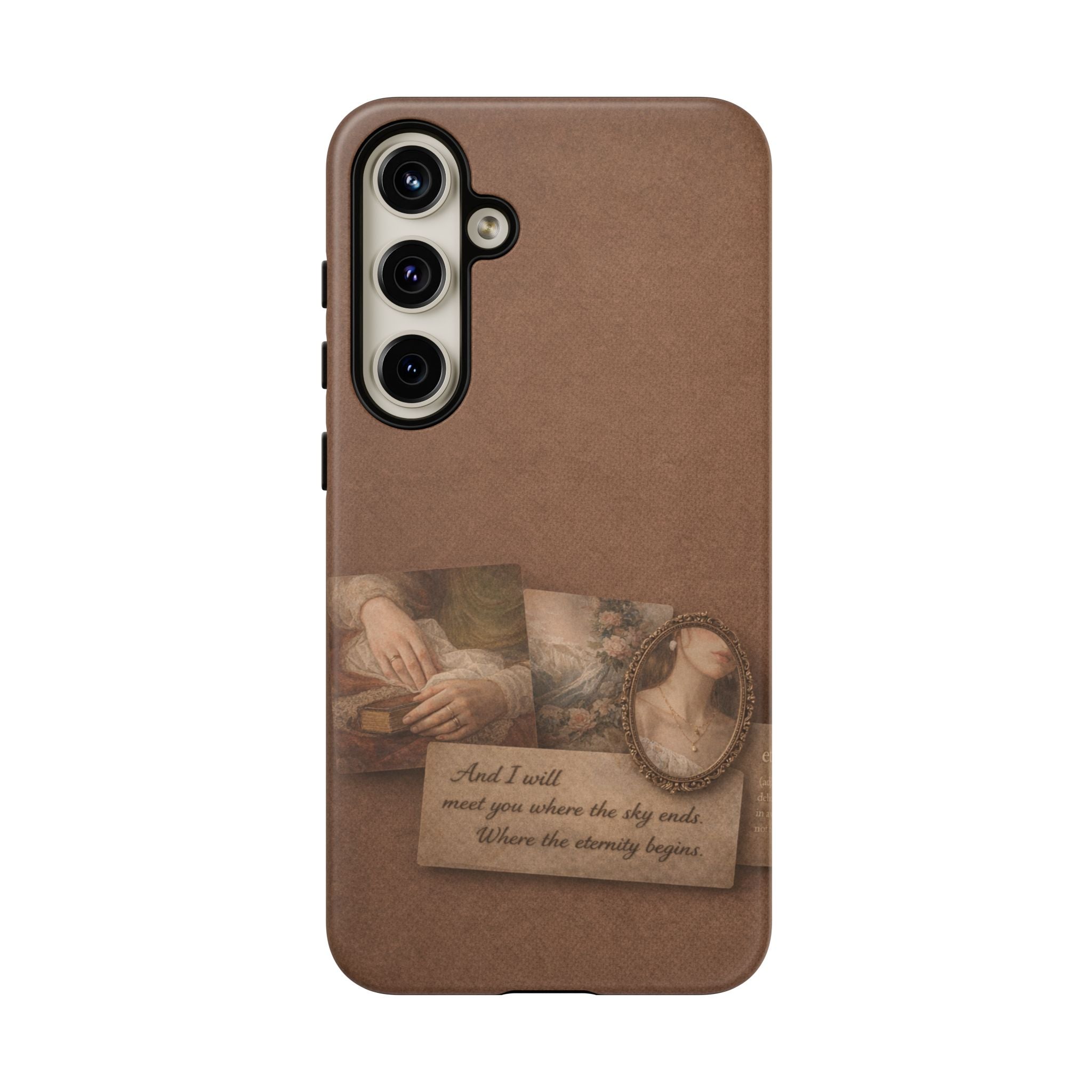 Vintage Brown Phone Case with Romantic Collage — "And I saw you where the sky ends"🌙