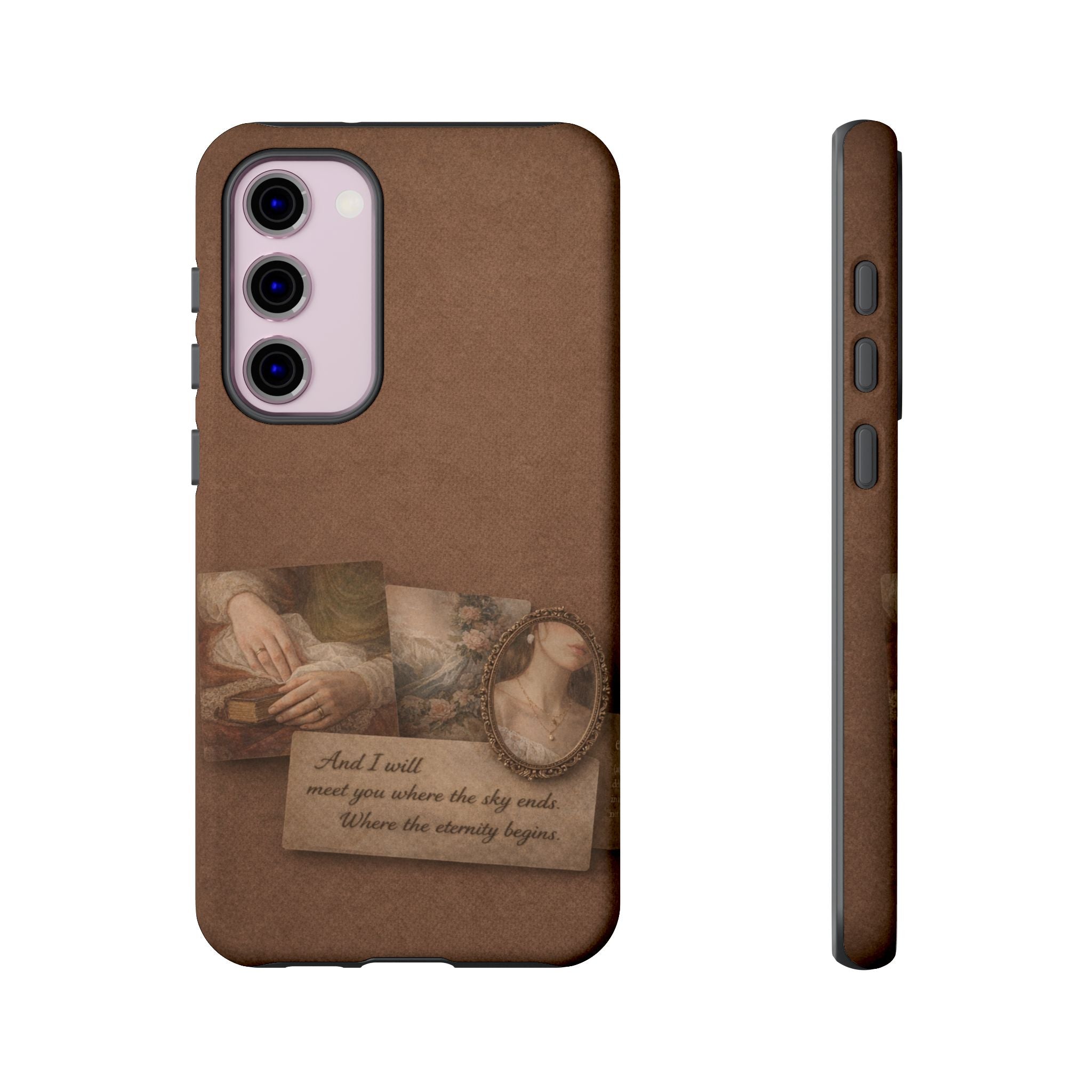 Vintage Brown Phone Case with Romantic Collage — "And I saw you where the sky ends"🌙