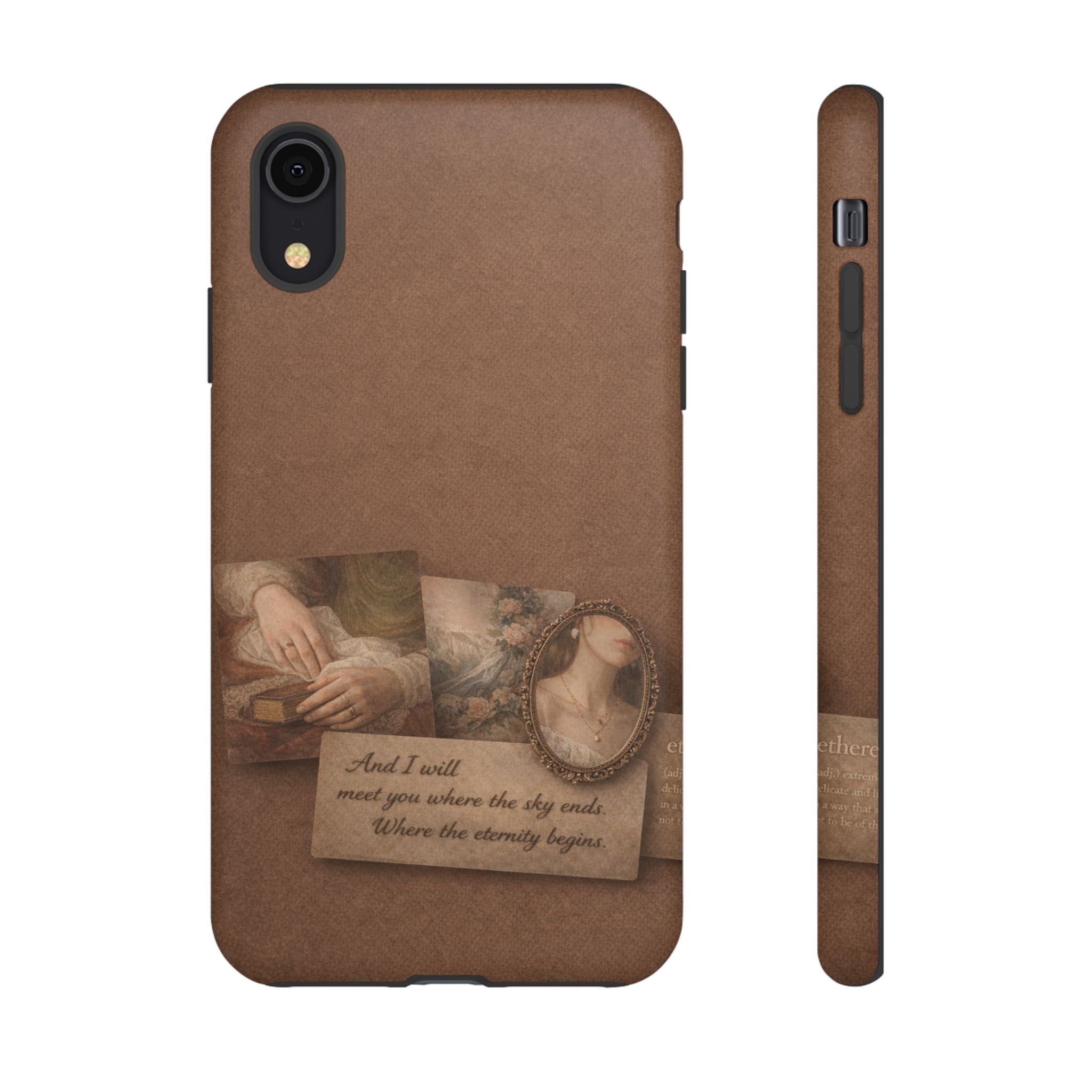 Vintage Brown Phone Case with Romantic Collage — "And I saw you where the sky ends"🌙